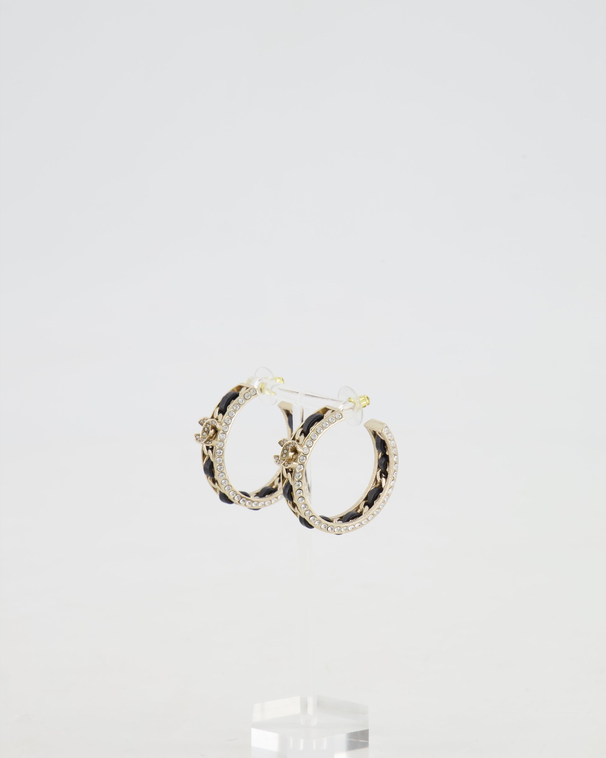 Chanel Gold, Black Leather And Crystal Embellished Cc Logo Hoop Earrings