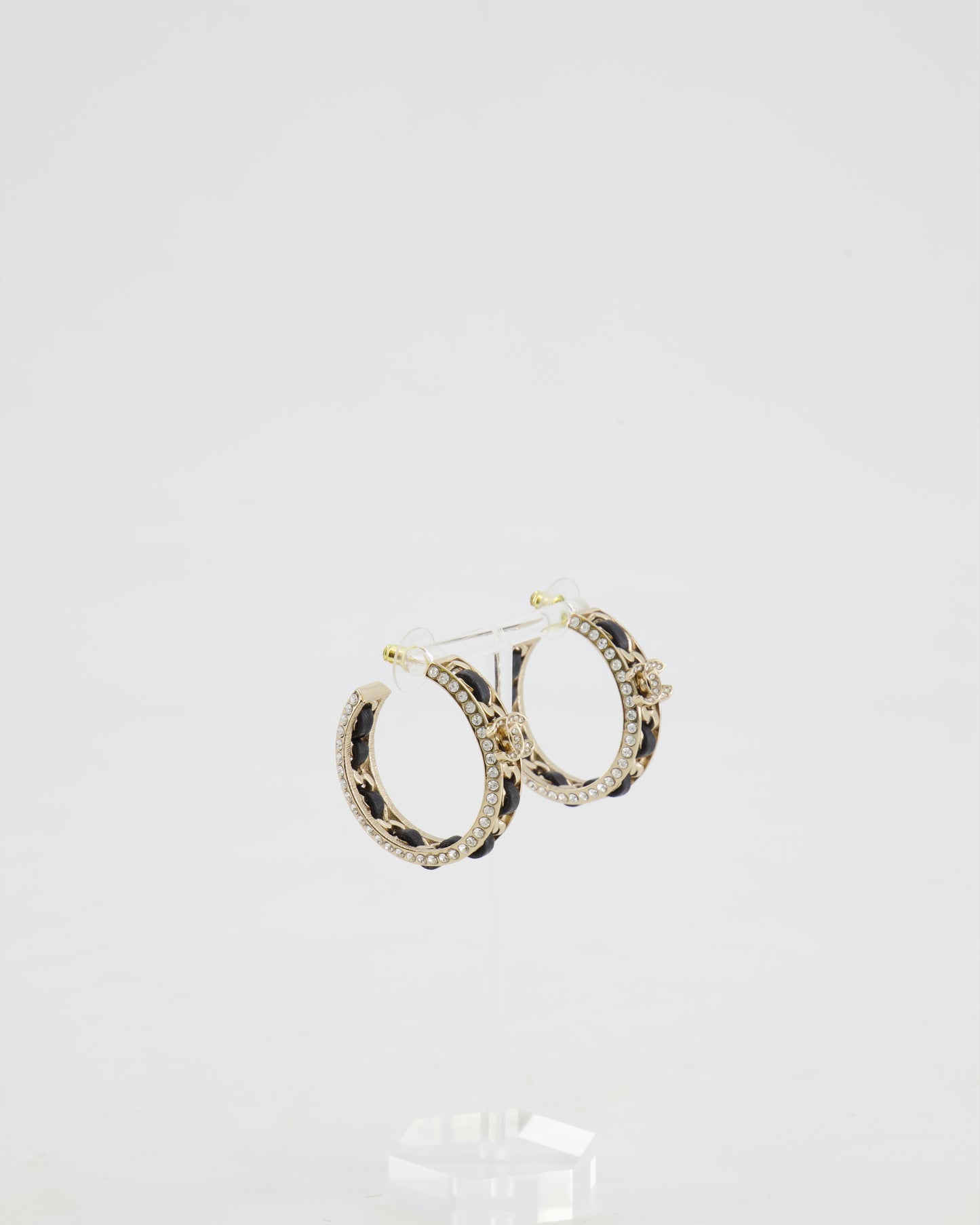 Chanel Gold, Black Leather And Crystal Embellished Cc Logo Hoop Earrings