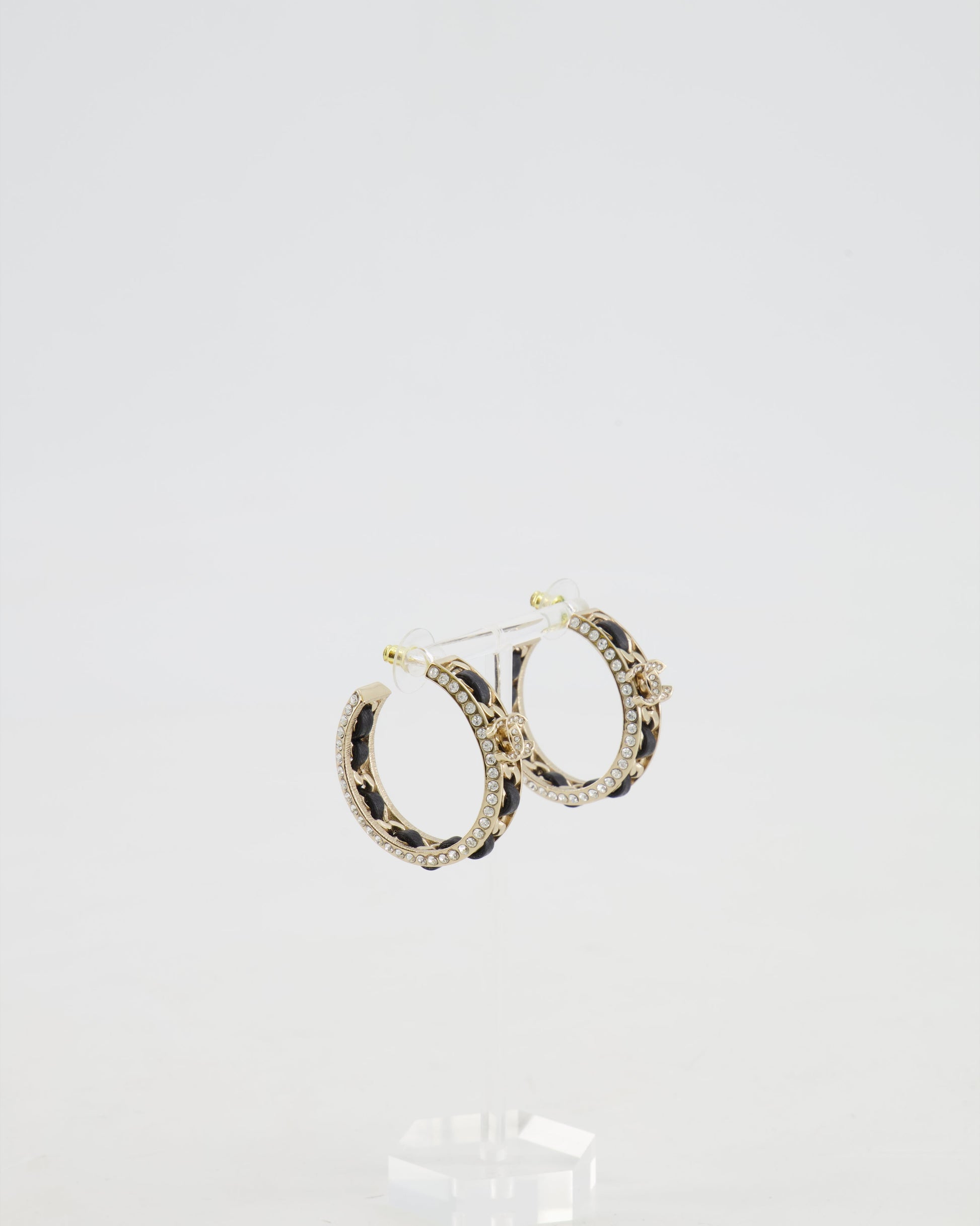 Chanel Gold, Black Leather And Crystal Embellished Cc Logo Hoop Earrings