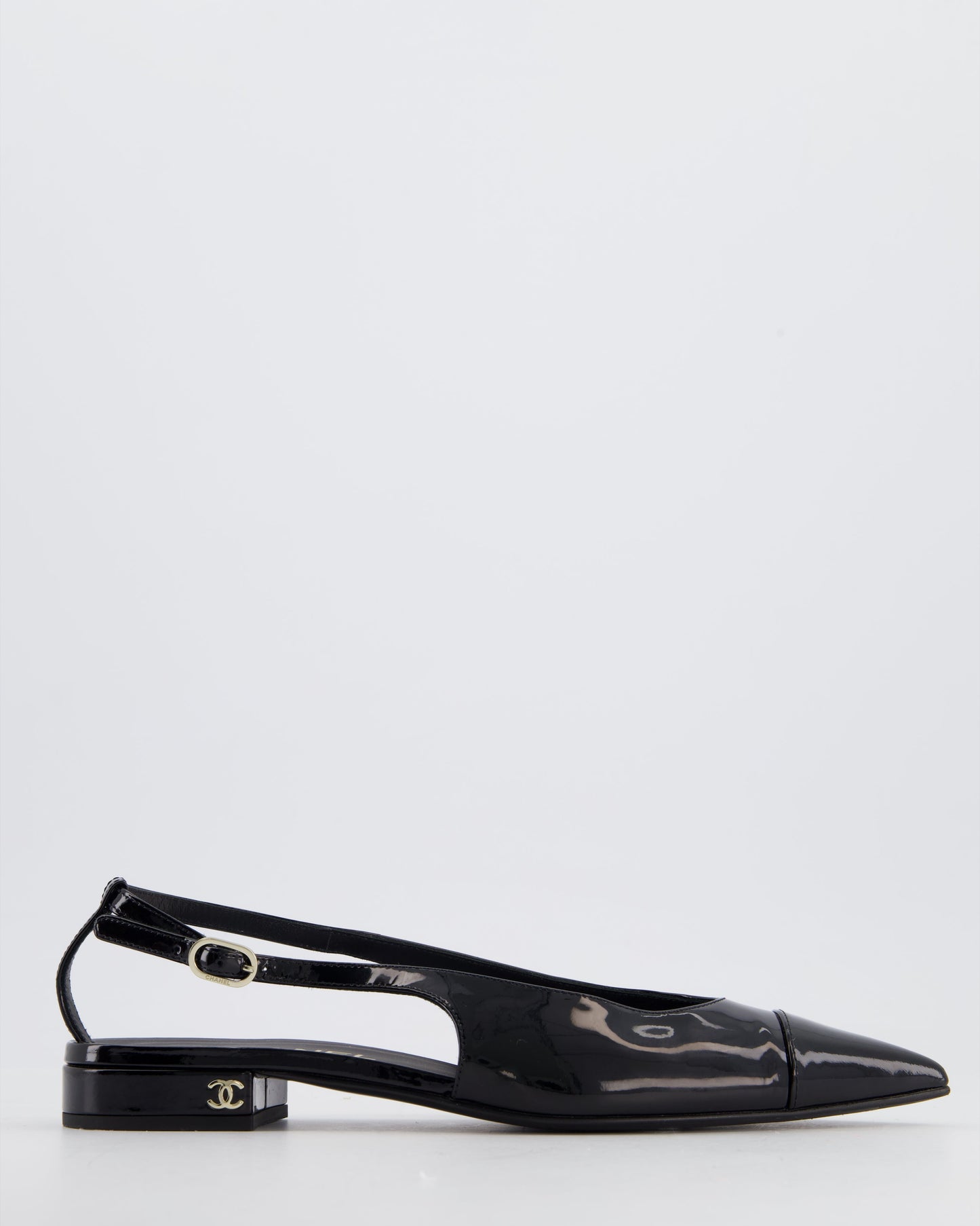 Chanel Black Patent Leather Flat Slingback with Silver CC Logo Detail Size Eu 37 for Women
