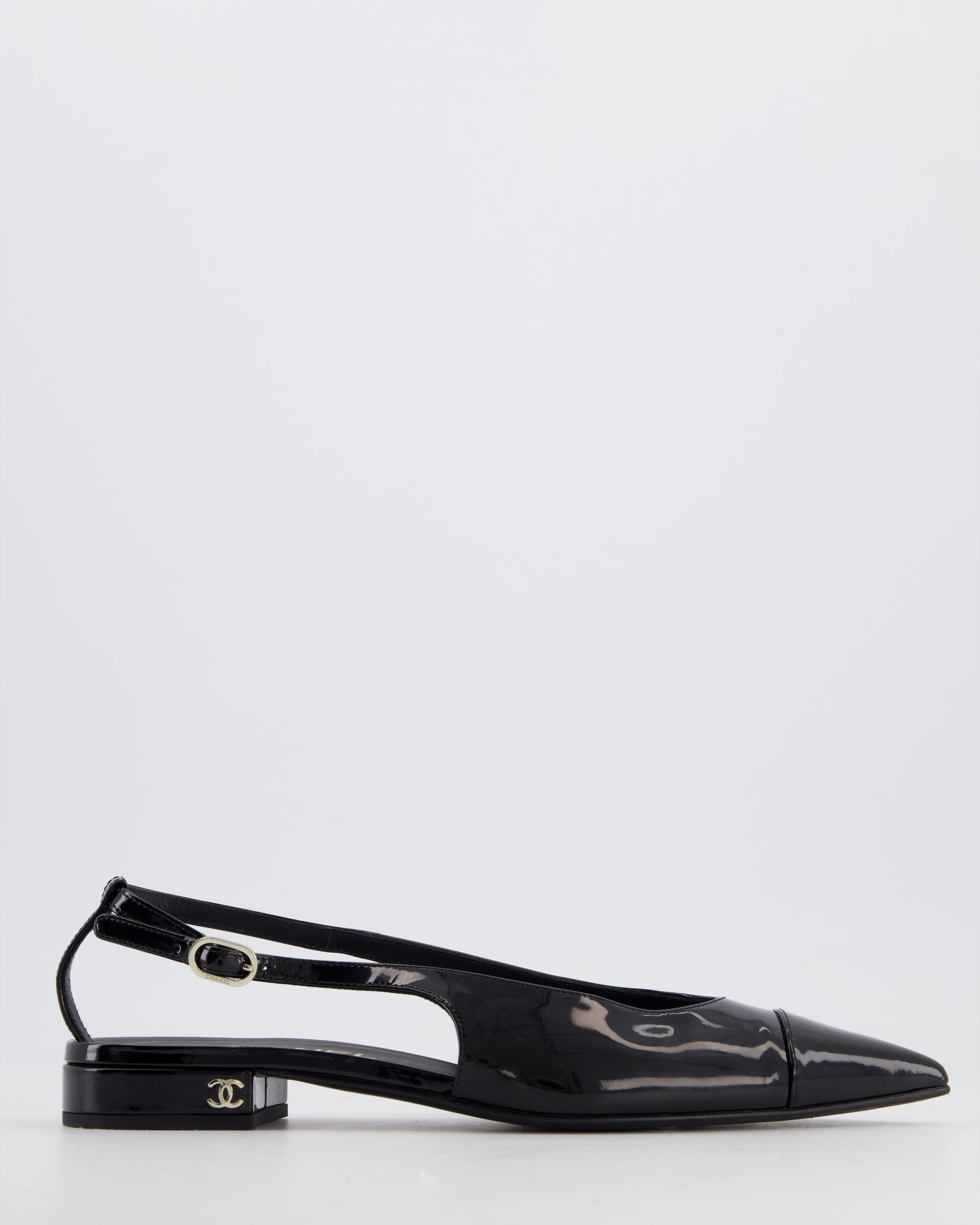 Chanel Black Patent Leather Flat Slingback with Silver CC Logo Detail Size Eu 37 for Women
