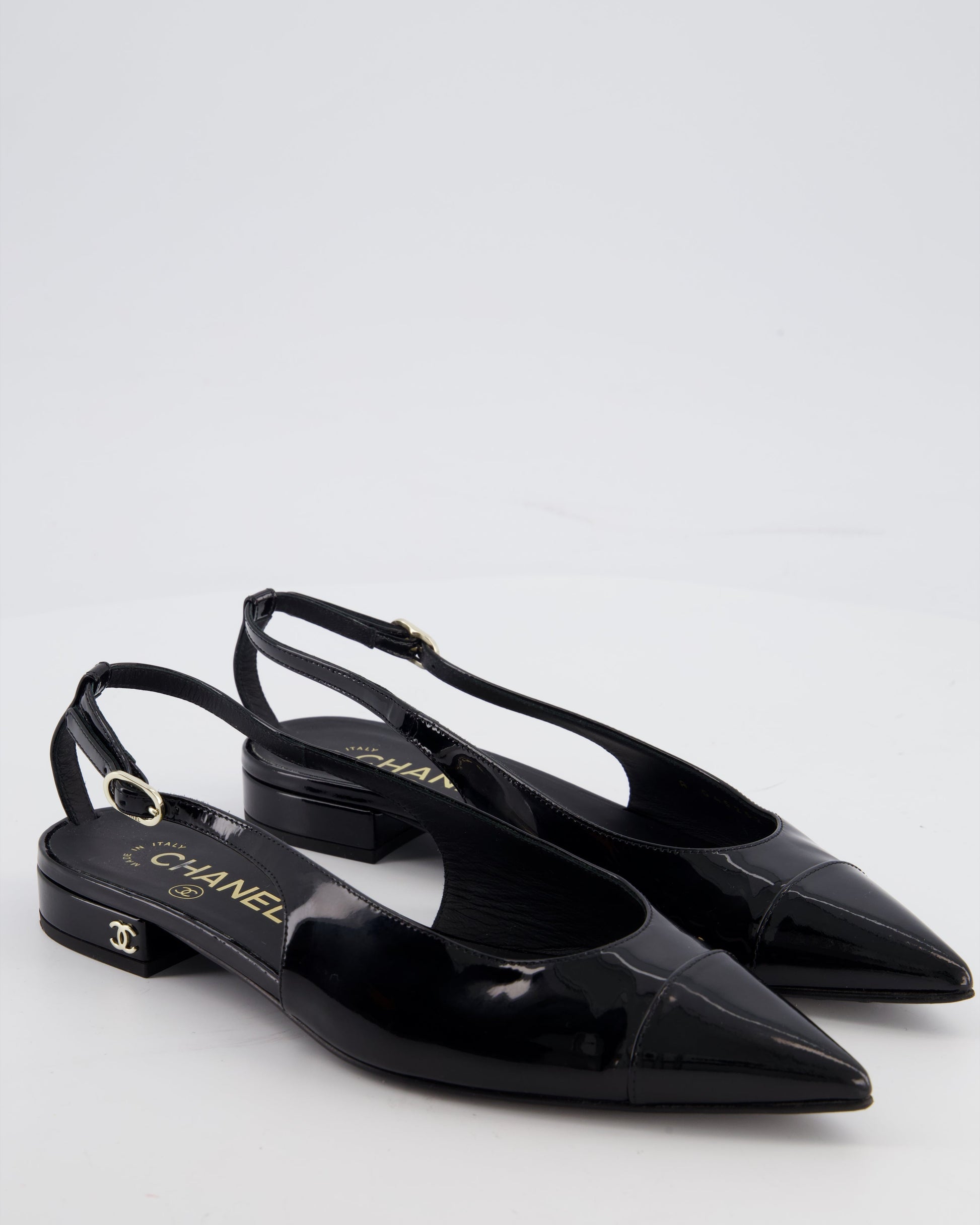Chanel Black Patent Leather Flat Slingback with Silver CC Logo Detail Size Eu 37 for Women
