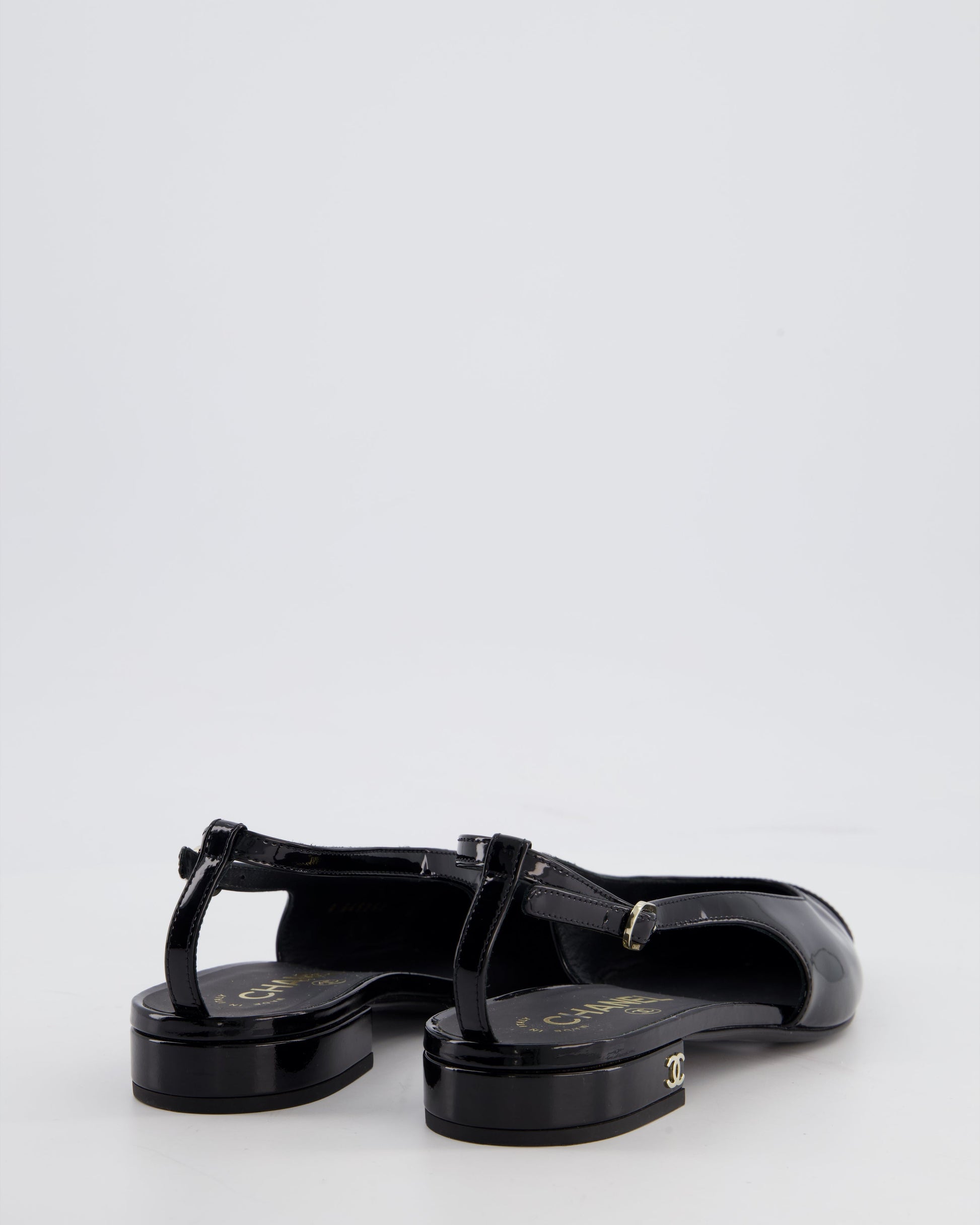 Chanel Black Patent Leather Flat Slingback with Silver CC Logo Detail Size Eu 37 for Women