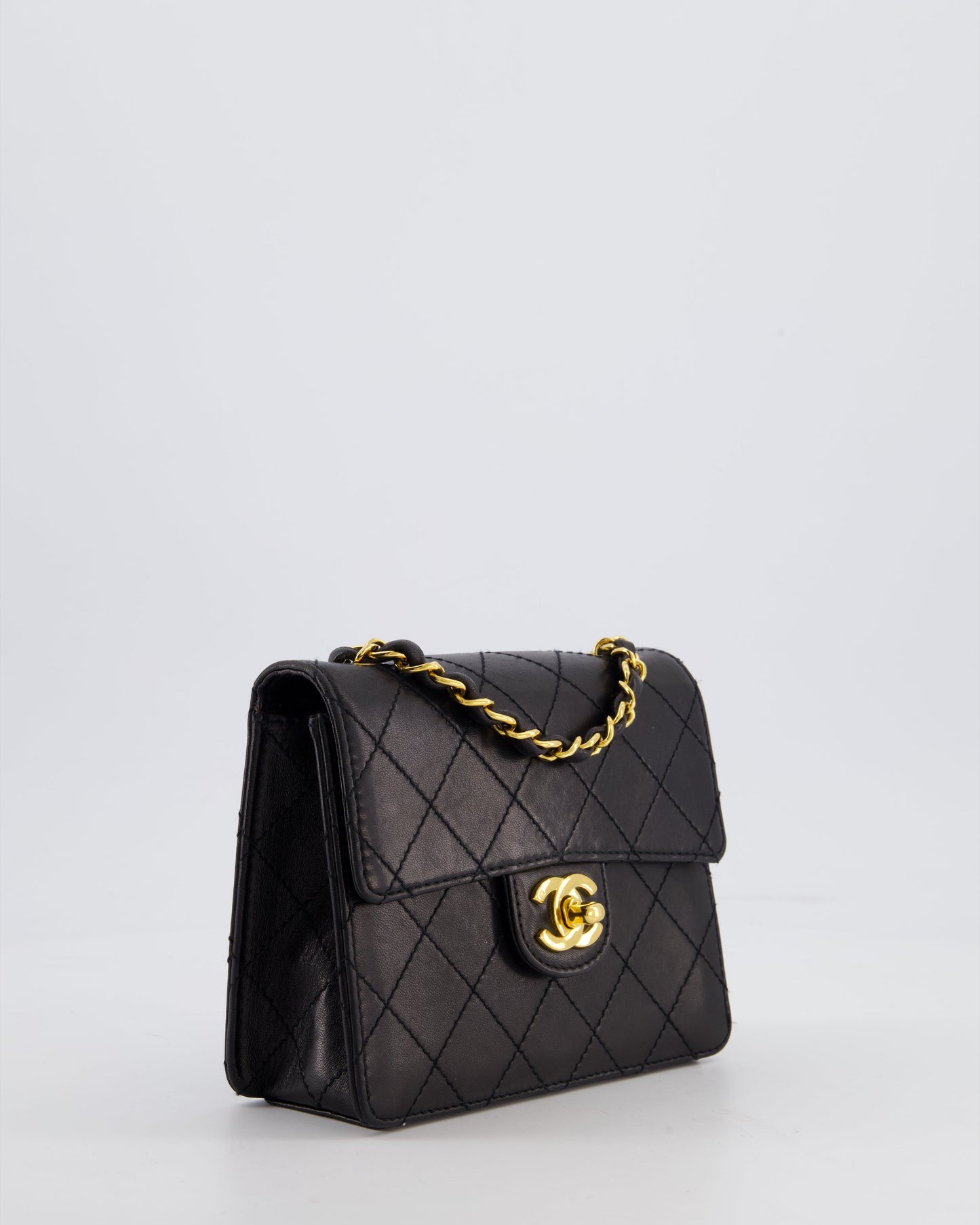 Chanel Black   Mini Square Classic Flap Bag in Lambskin Leather with 24K Gold Hardware