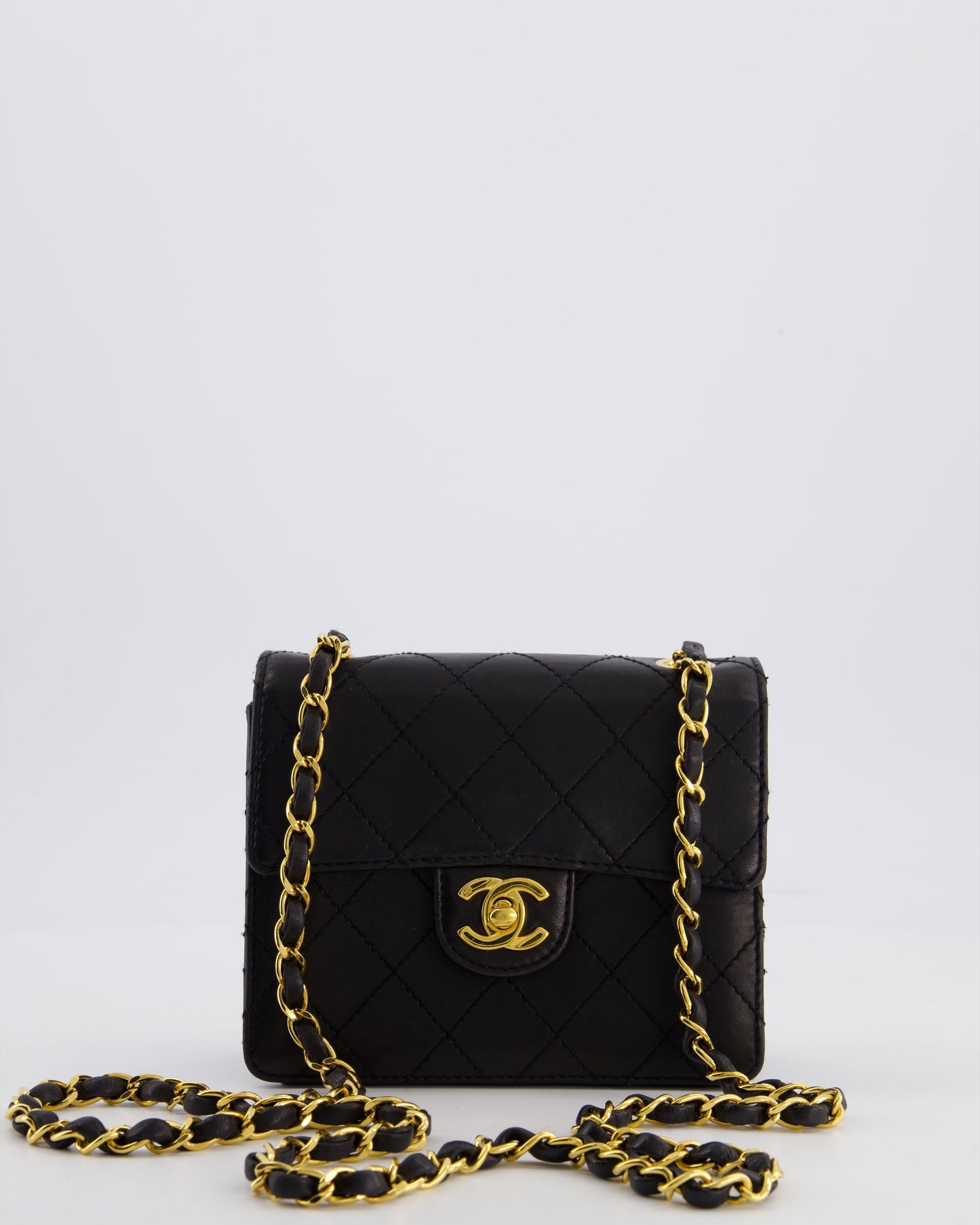 Chanel Black Mini Square Classic Flap Bag In Lambskin Leather With 24K Gold Hardware