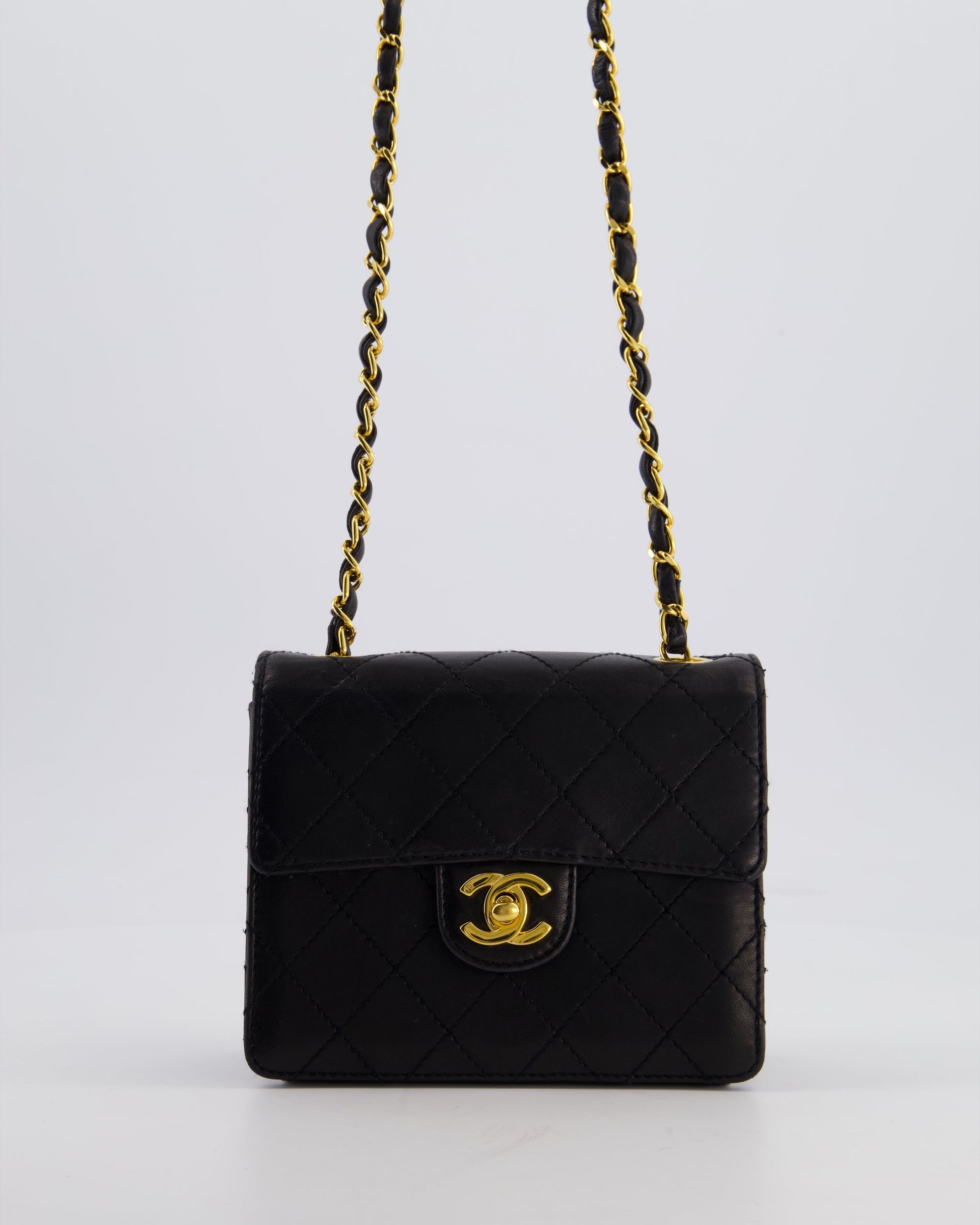 Chanel Black Mini Square Classic Flap Bag In Lambskin Leather With 24K Gold Hardware