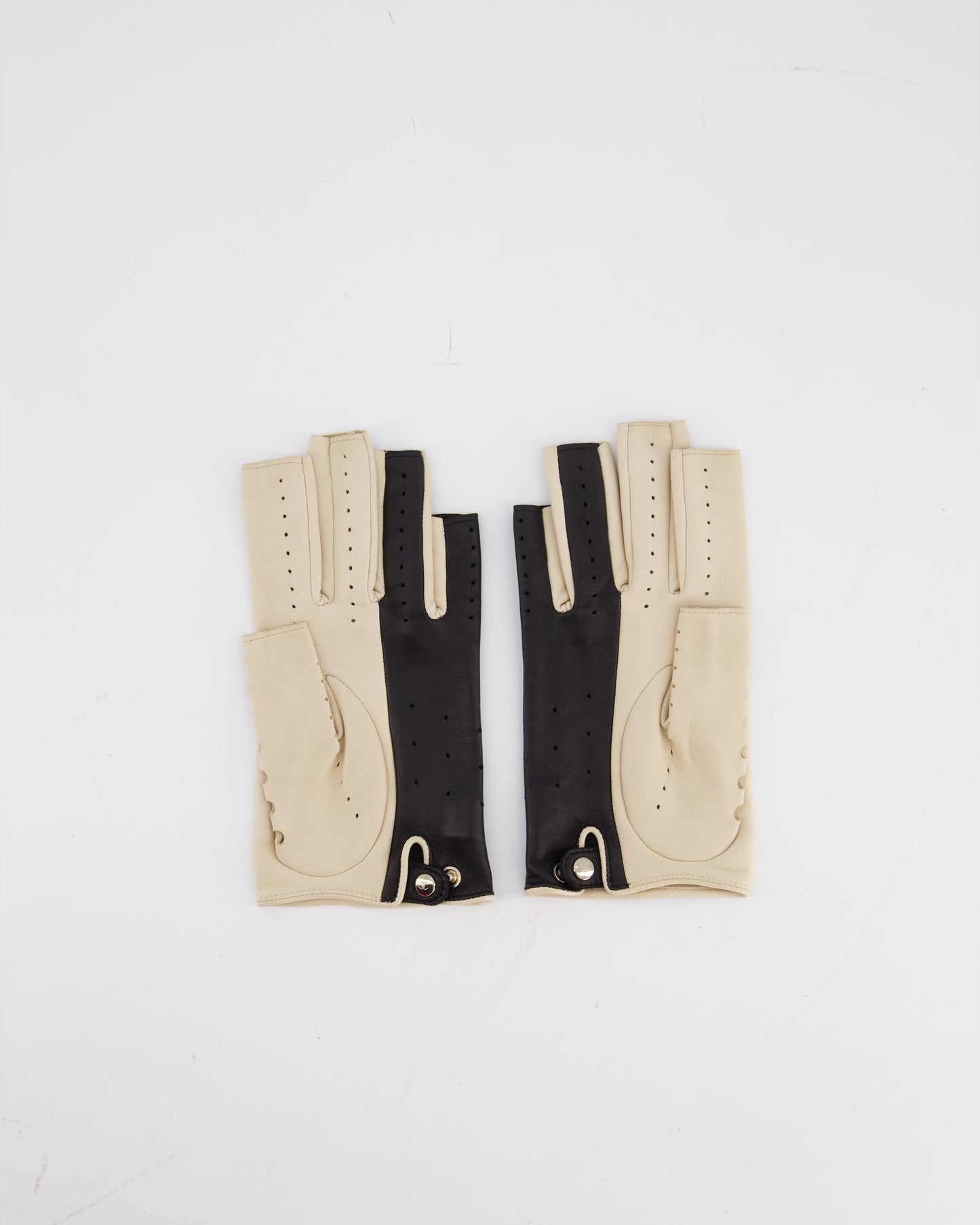 Chanel Black and Beige Perforated Fingerless Leather Gloves Size 7.5