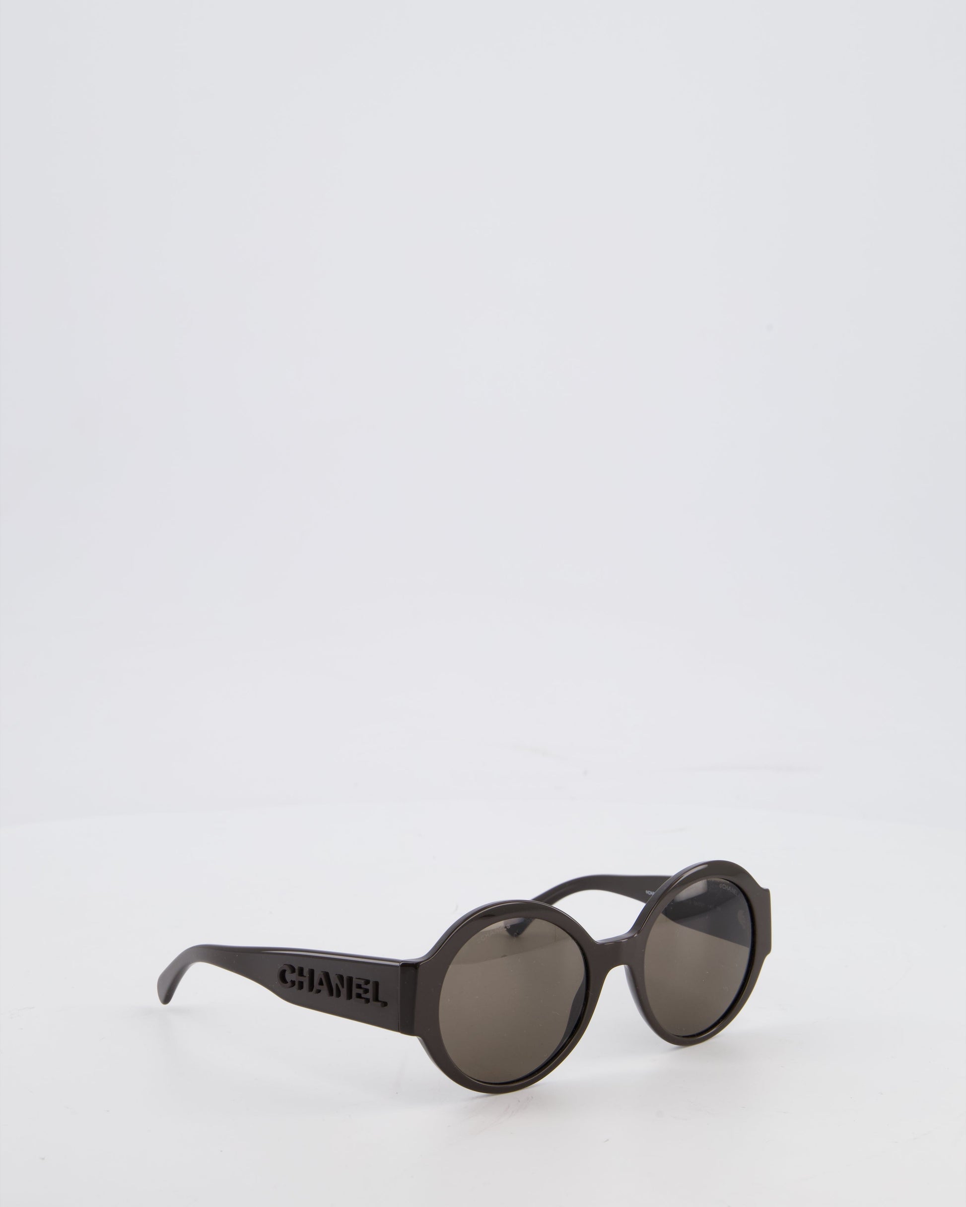 Chanel Dark Brown Round Acetate Sunglasses With Logo Arms Bag