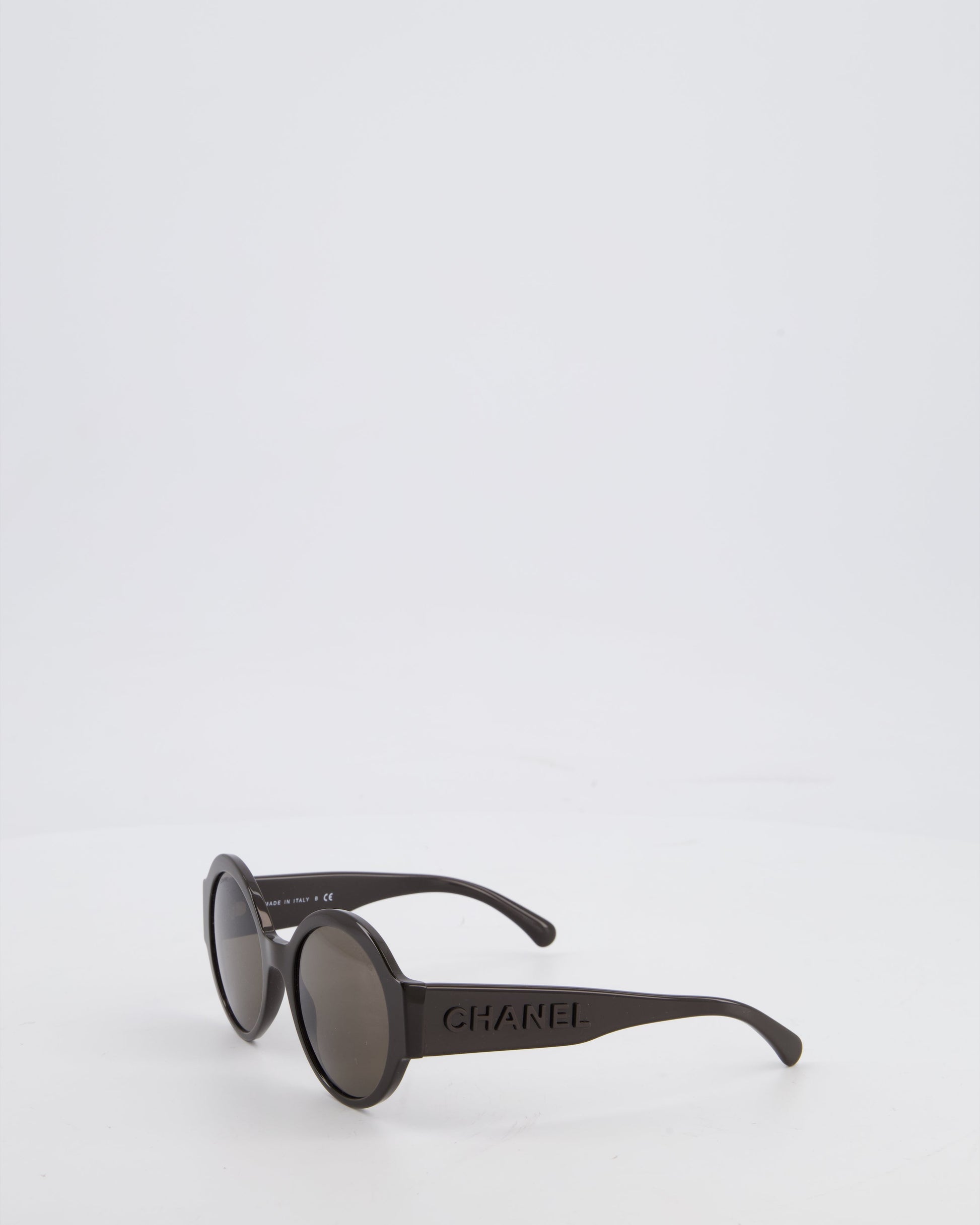 Chanel Dark Brown Round Acetate Sunglasses With Logo Arms Bag