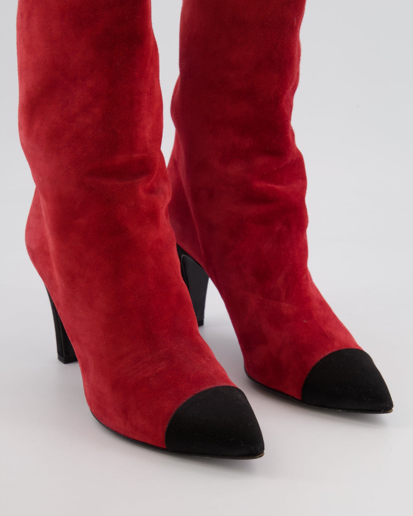 Chanel Red Suede Gabrielle Heeled Boots with Black Pointed Toe Cap Size EU 37.5 C