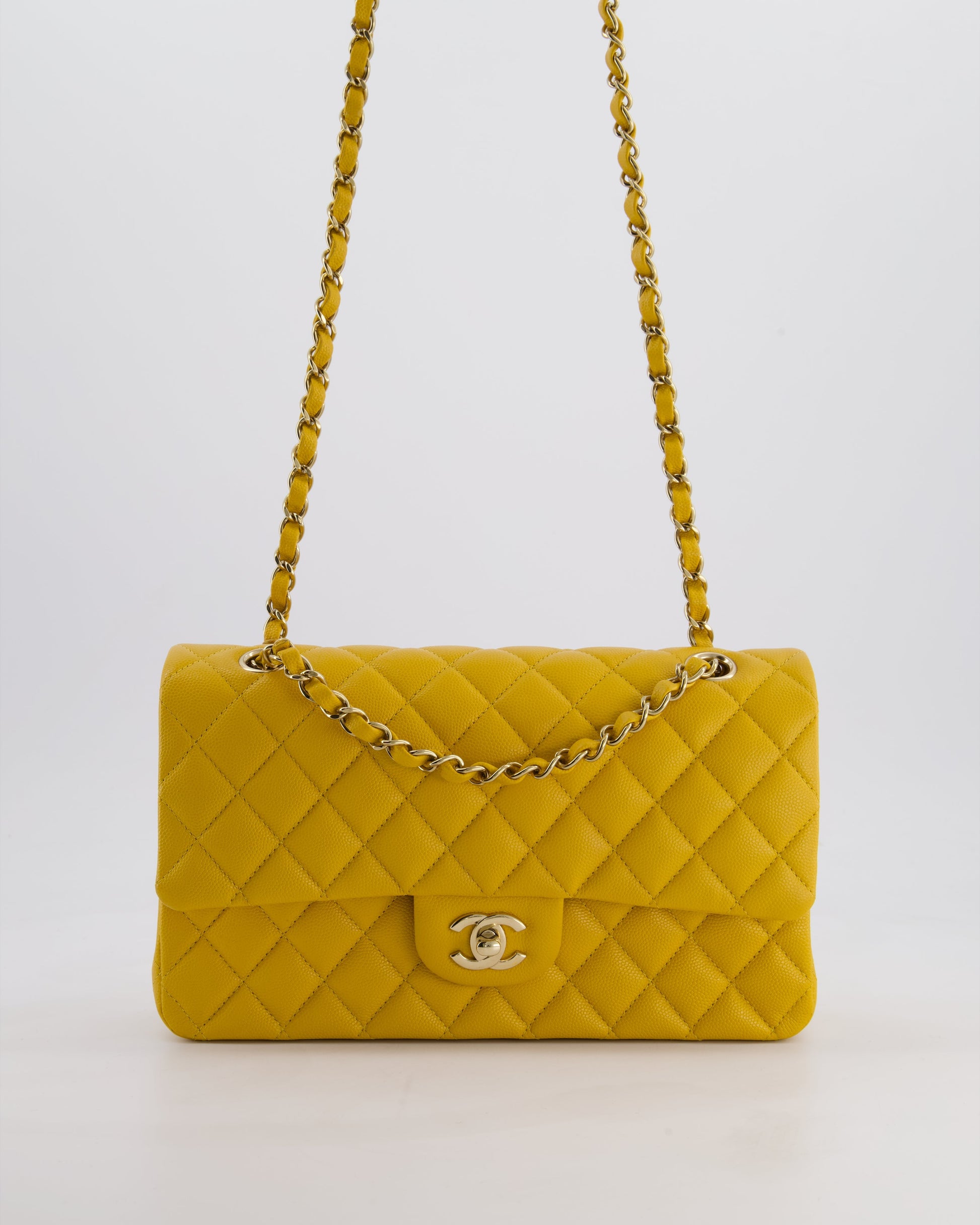 Chanel Medium Classic Double Flap Bag In Mustard Yellow Caviar Leather With Gold Hardware