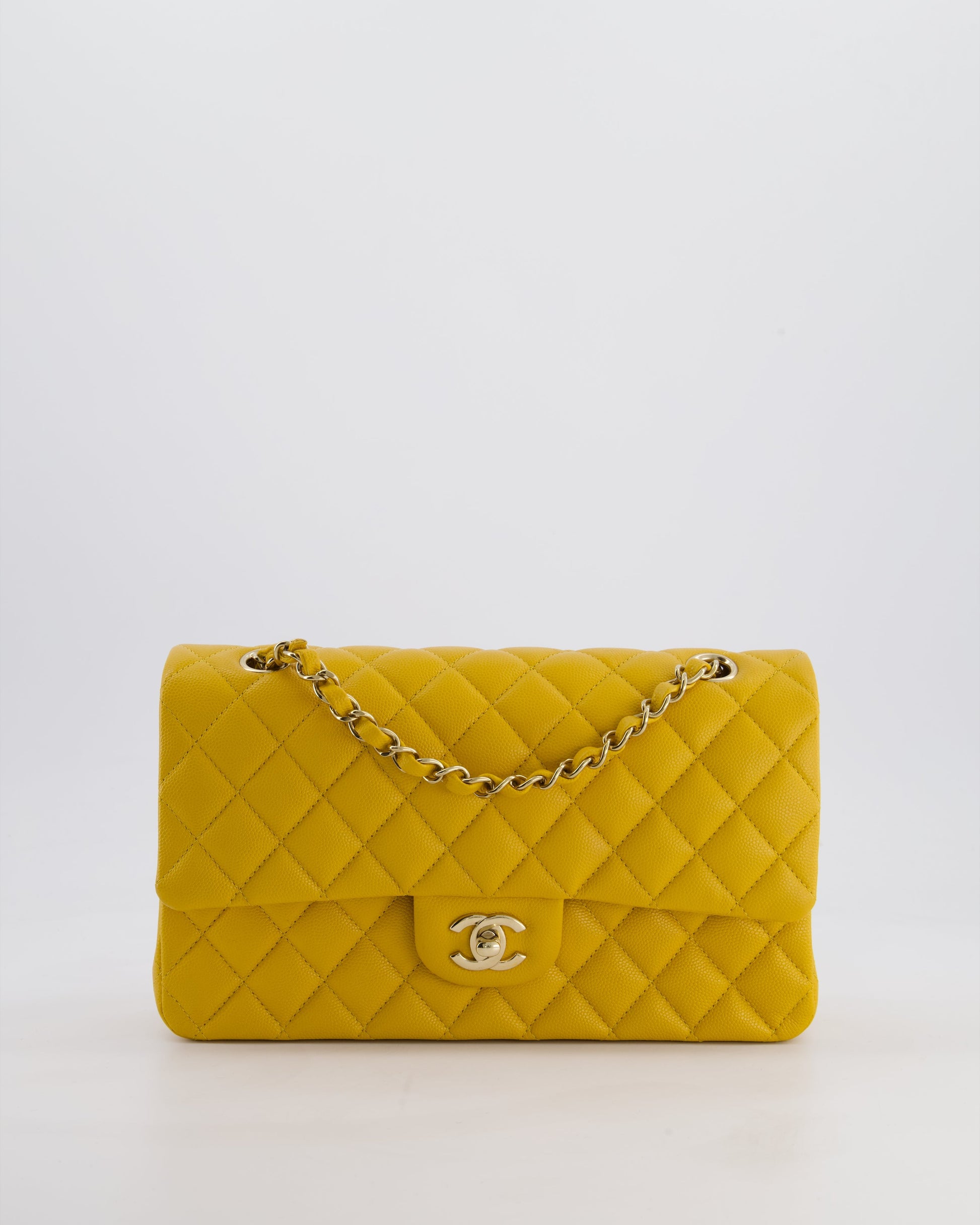 Chanel Medium Classic Double Flap Bag In Mustard Yellow Caviar Leather With Gold Hardware