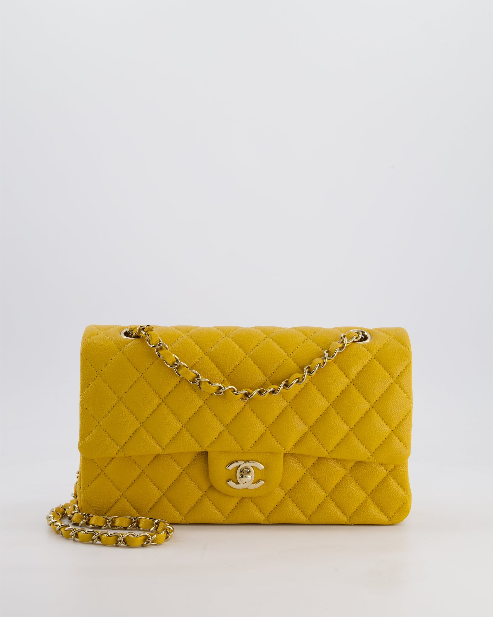 Chanel Medium Classic Double Flap Bag In Mustard Yellow Caviar Leather With Gold Hardware