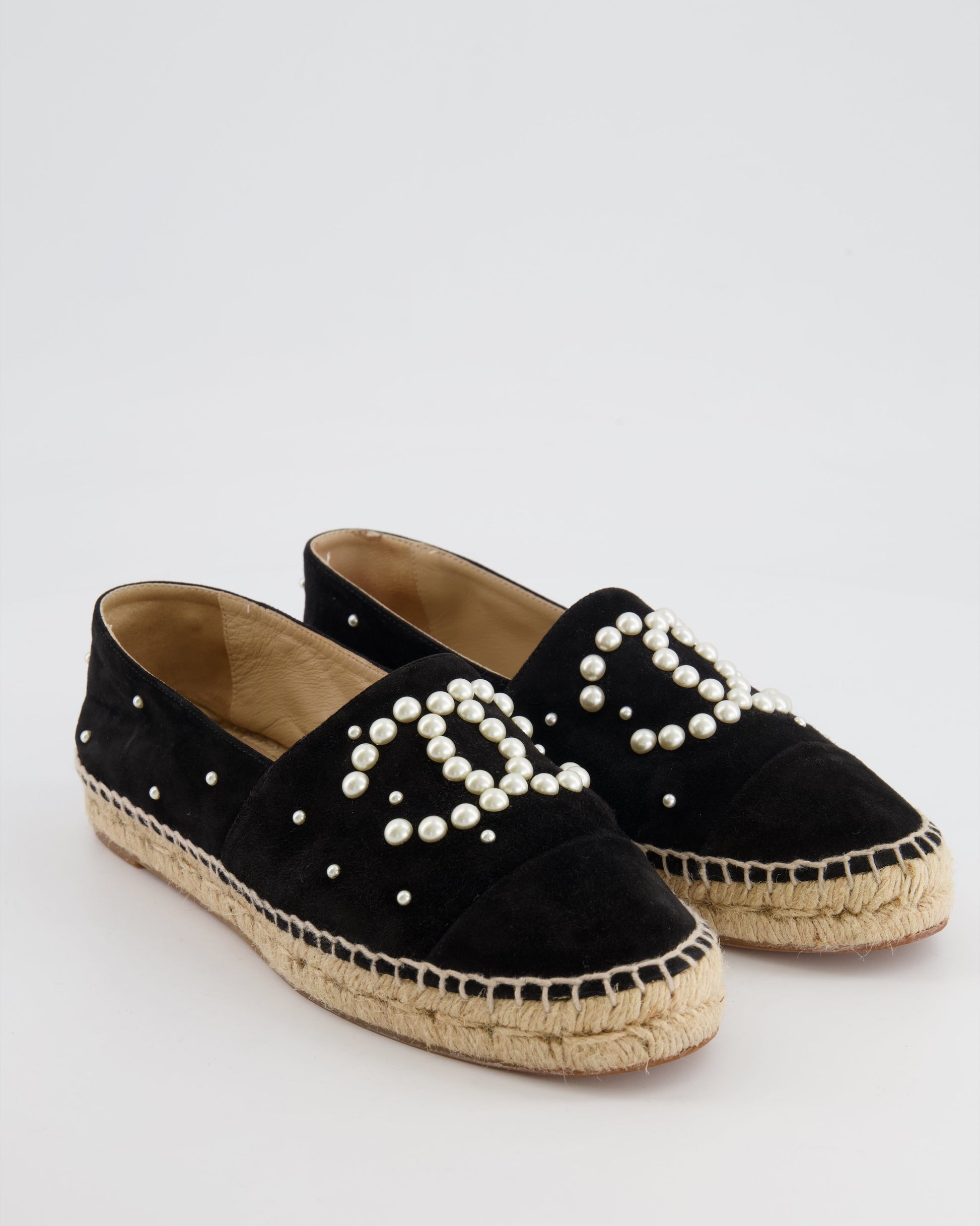 Chanel Black Suede Espadrilles with Pearl Embellishments and CC Logo Size Eu 38 Women Shoes