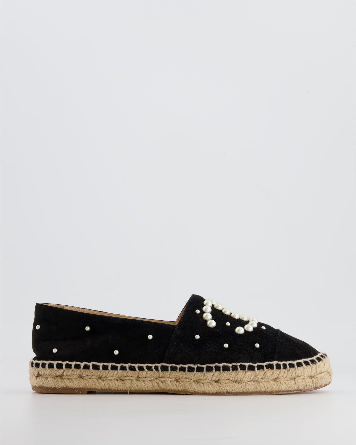 Chanel Black Suede Espadrilles with Pearl Embellishments and CC Logo Size Eu 38 Women Shoes