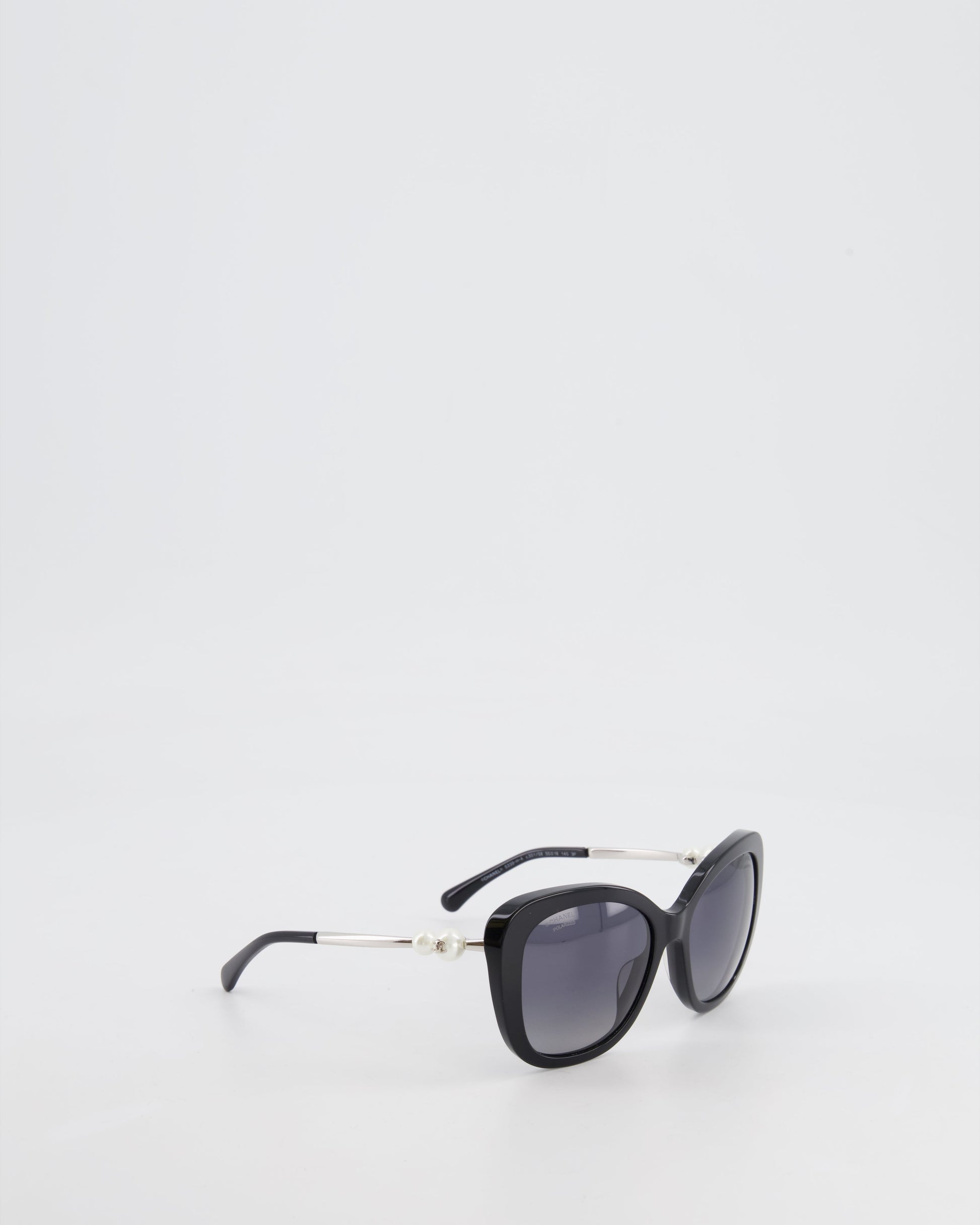 Chanel Black Sunglasses With Pearl Cc Logo Detail And Silver Hardware Bag