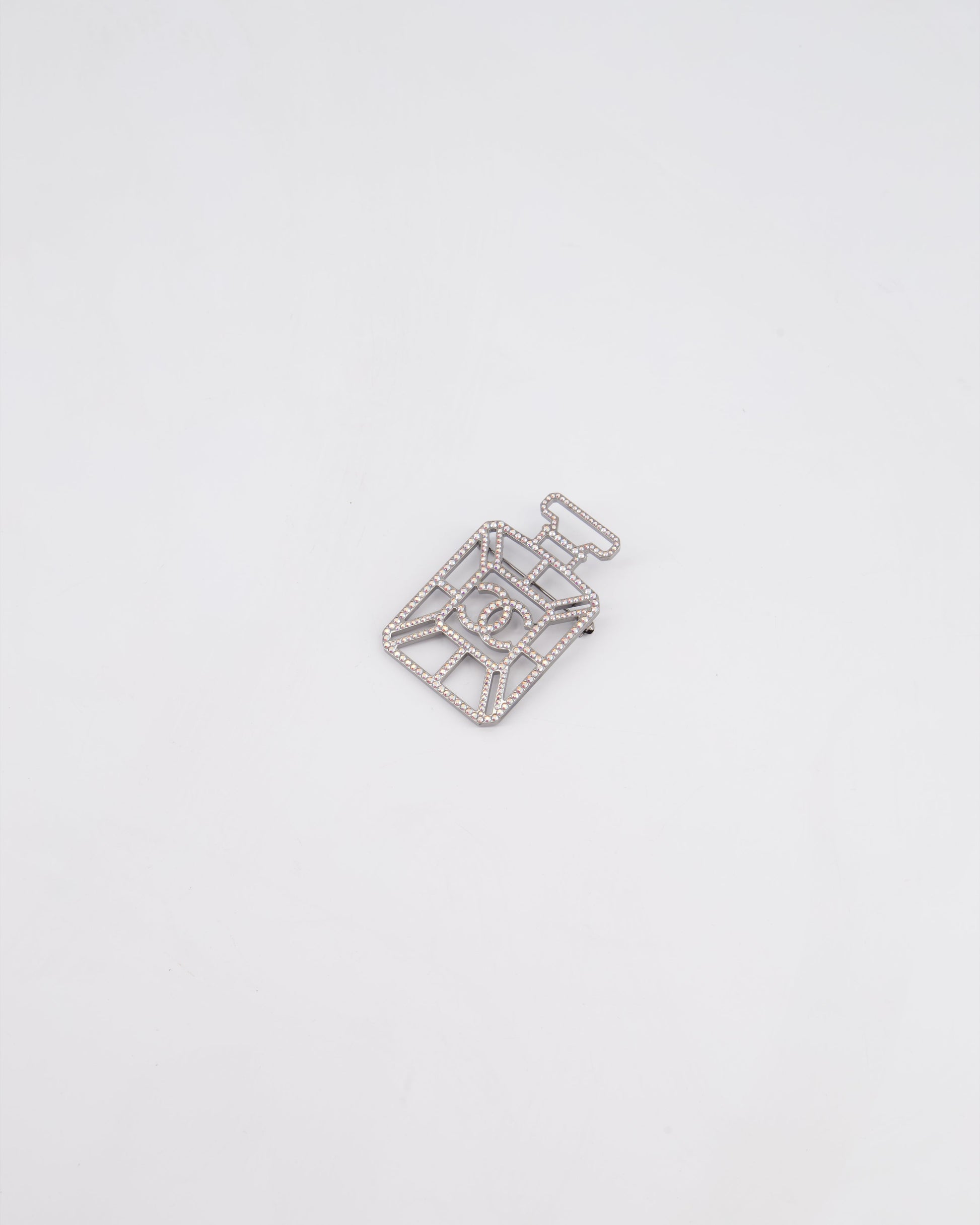 Chanel Silver Perfume Bottle Brooch with Crystals Detail