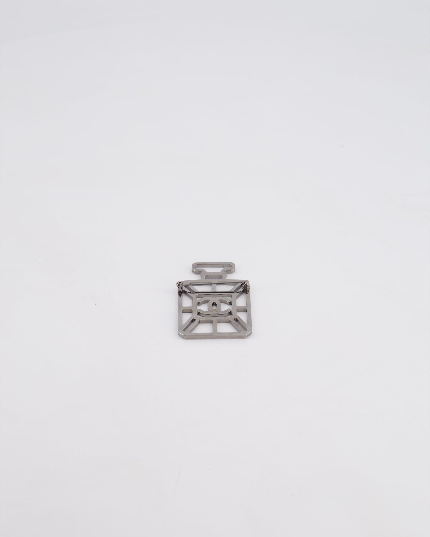 Chanel Silver Perfume Bottle Brooch with Crystals Detail