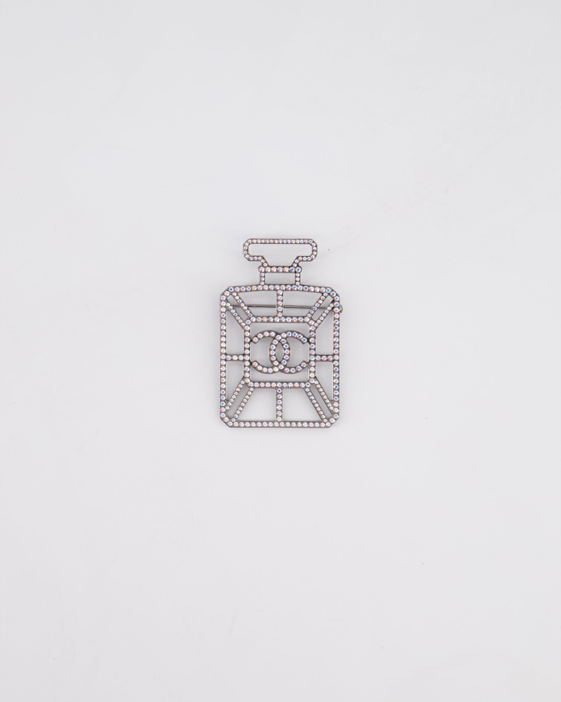 Chanel Silver Perfume Bottle Brooch with Crystals Detail