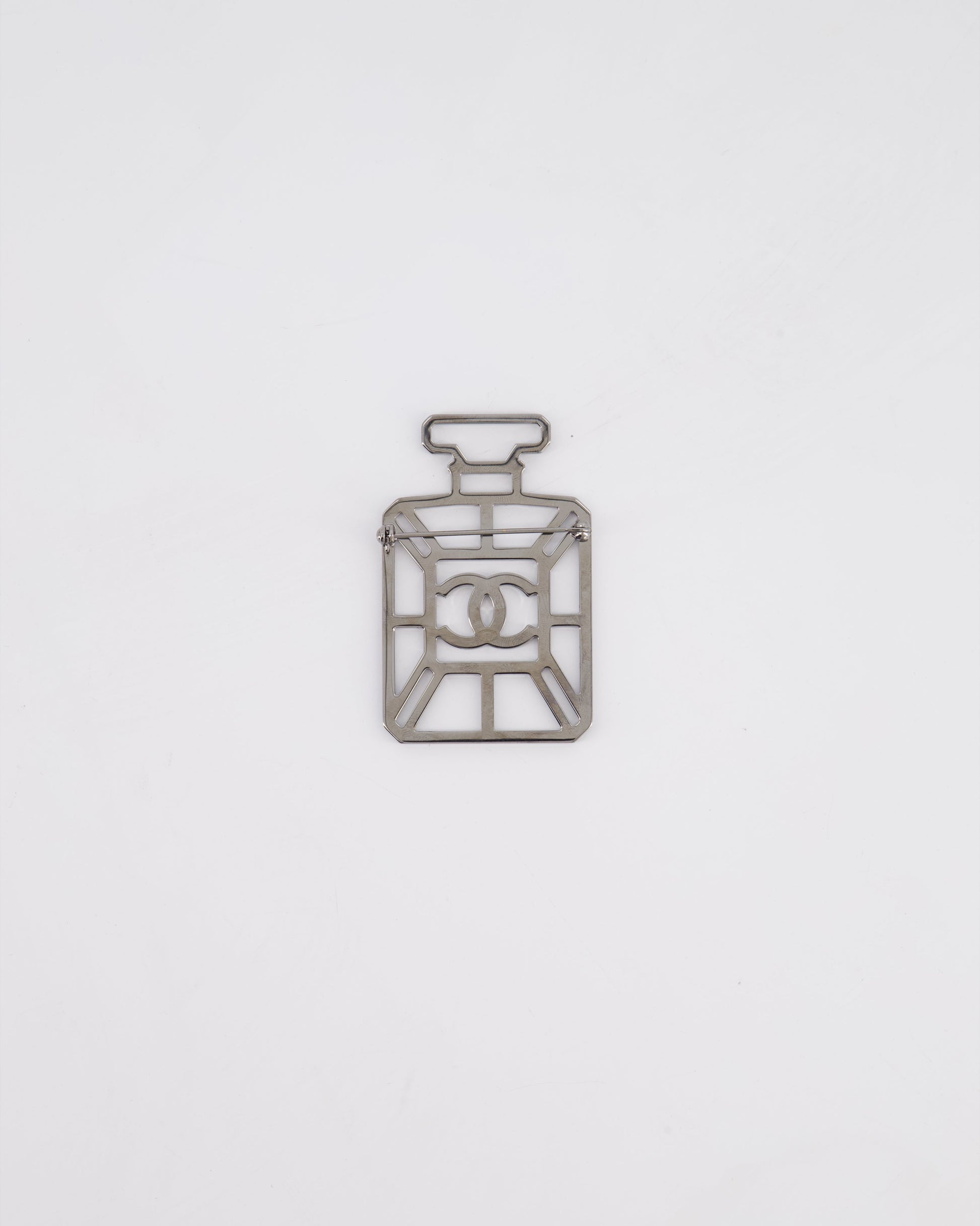 Chanel Silver Perfume Bottle Brooch with Crystals Detail