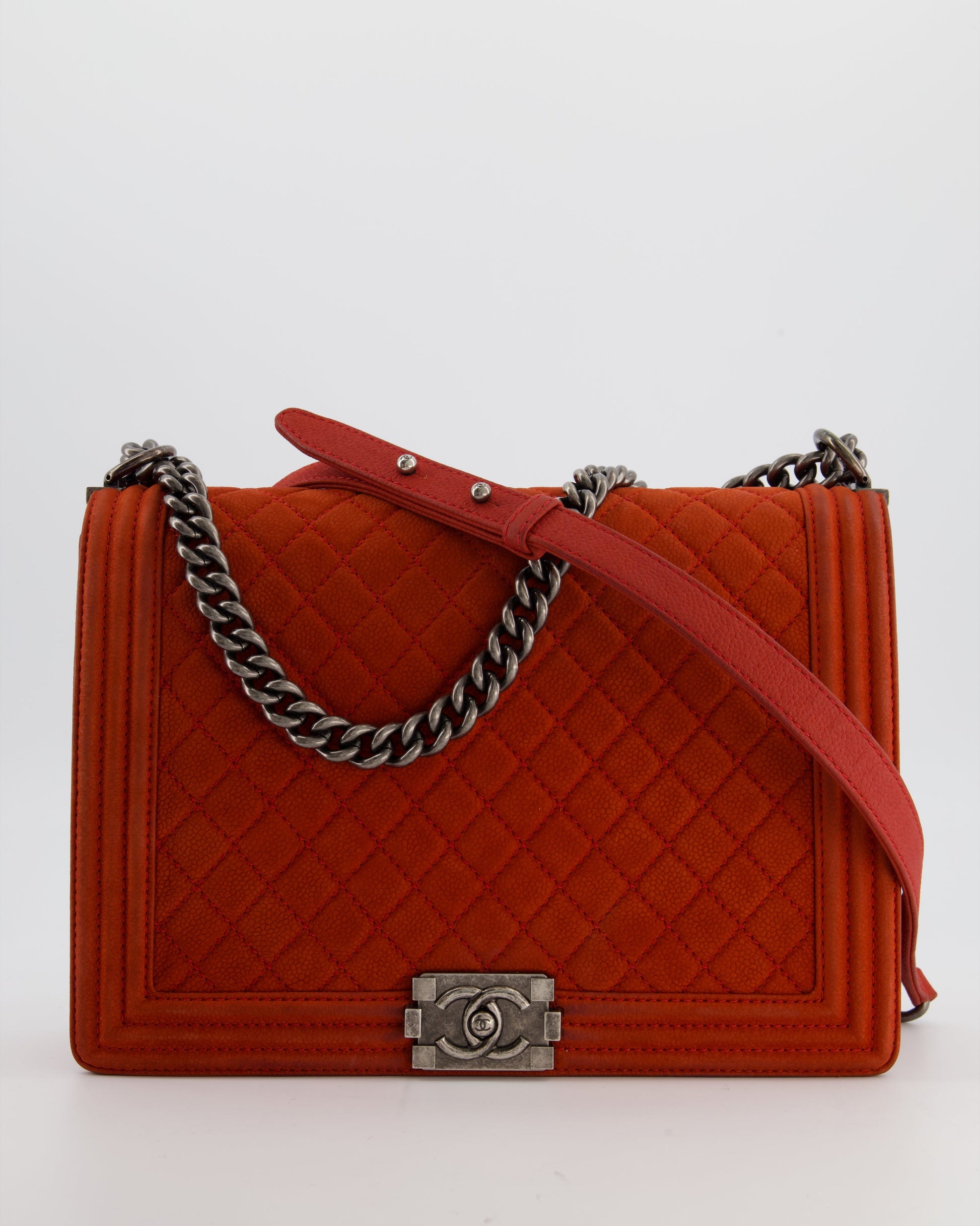 Chanel Large Red Boy Bag In Nubuck Leather With Ruthenium Hardware