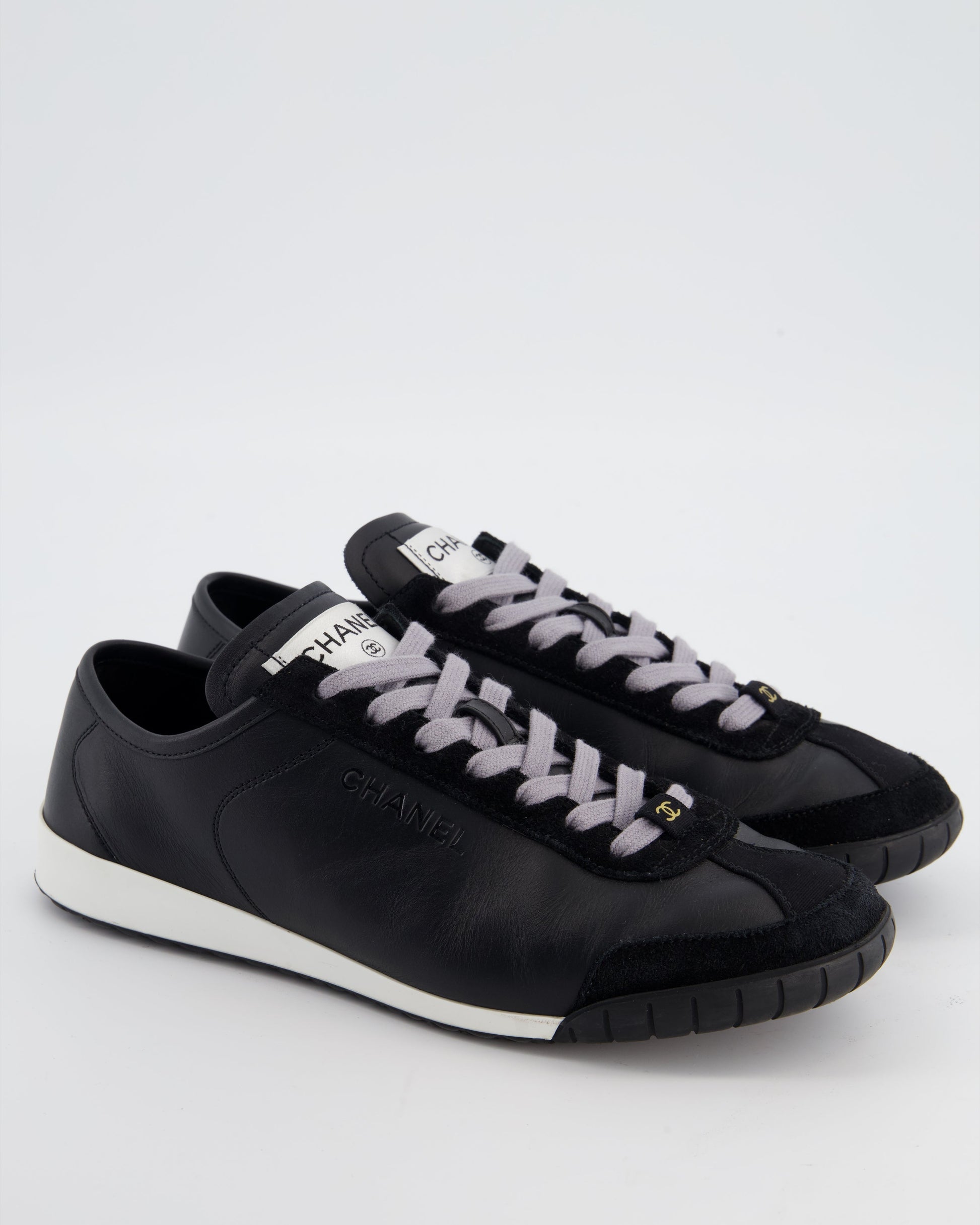 Chanel Interlocking Black Calfskin Leather Sneakers With Logo Detail Size Eu 37.5