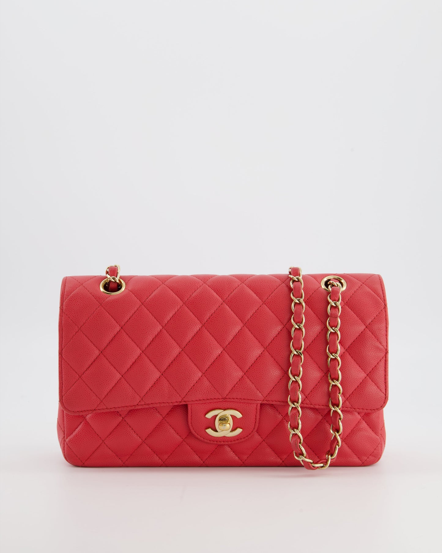 Chanel Pink Medium Classic Double Flap Bag In Caviar Leather With Champagne Gold Hardware