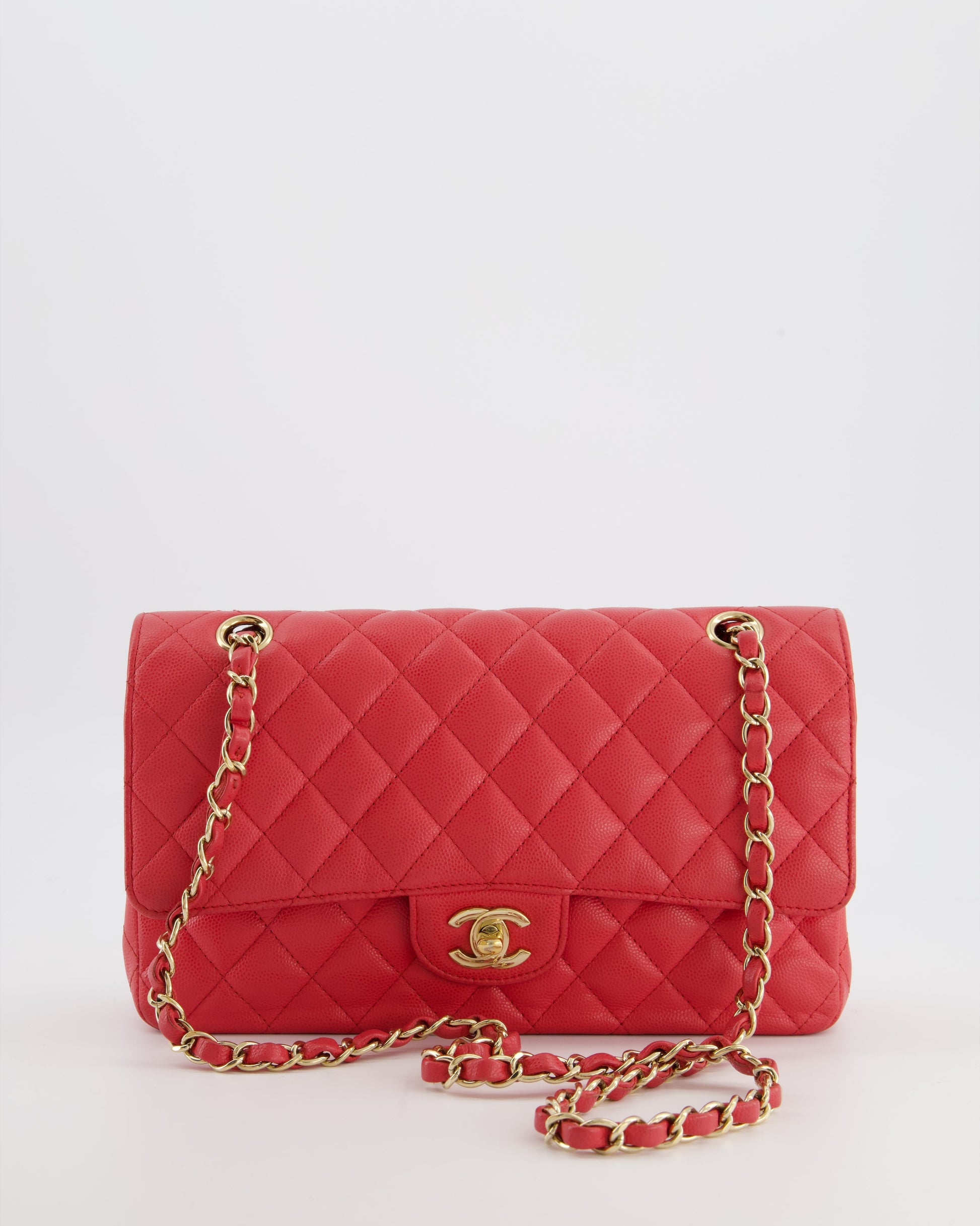 Chanel Pink Medium Classic Double Flap Bag In Caviar Leather With Champagne Gold Hardware