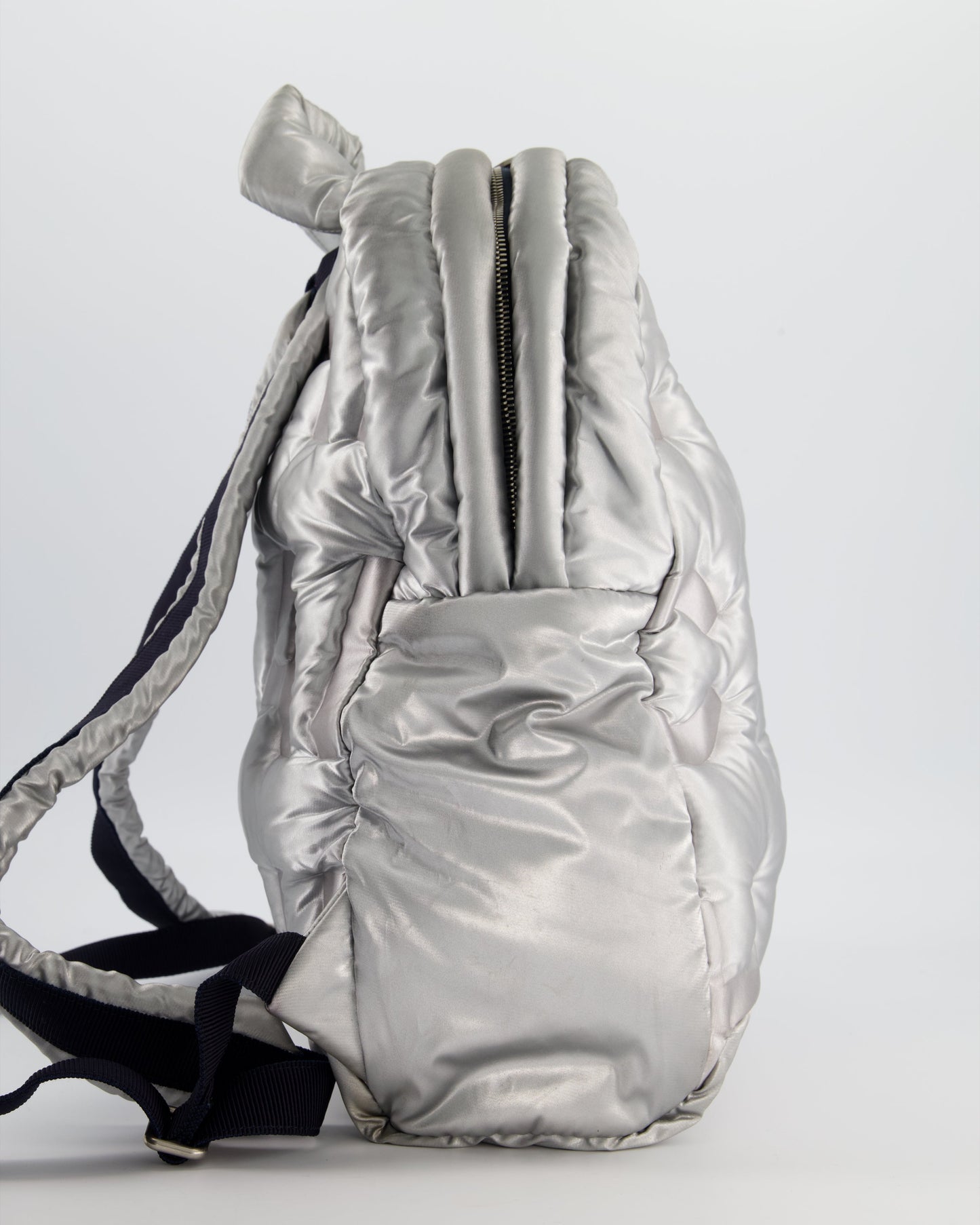 Chanel Silver Doudoune Backpack With Embossed Logo In Silver Nylon With Silver Hardware