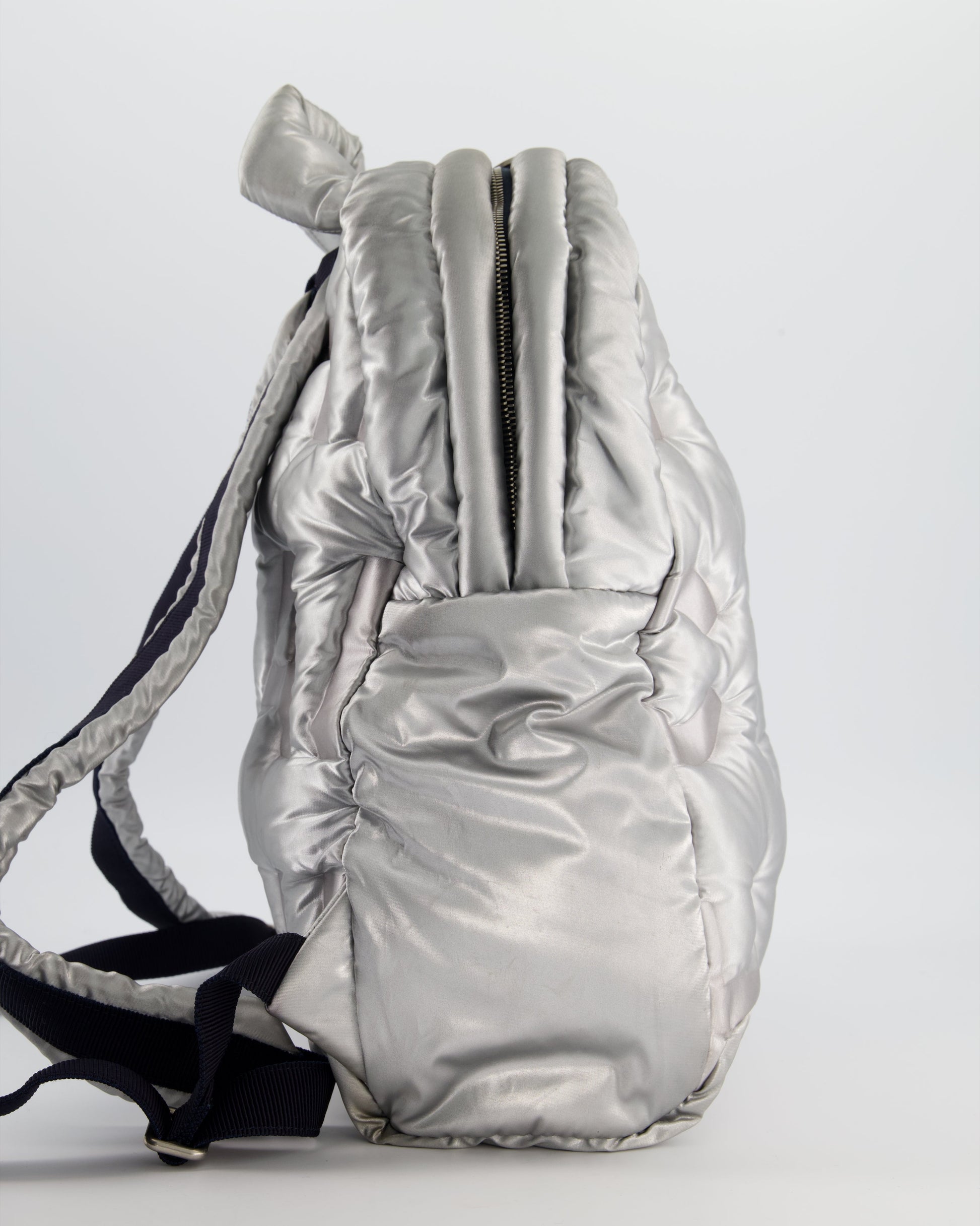Chanel Silver Doudoune Backpack With Embossed Logo In Silver Nylon With Silver Hardware