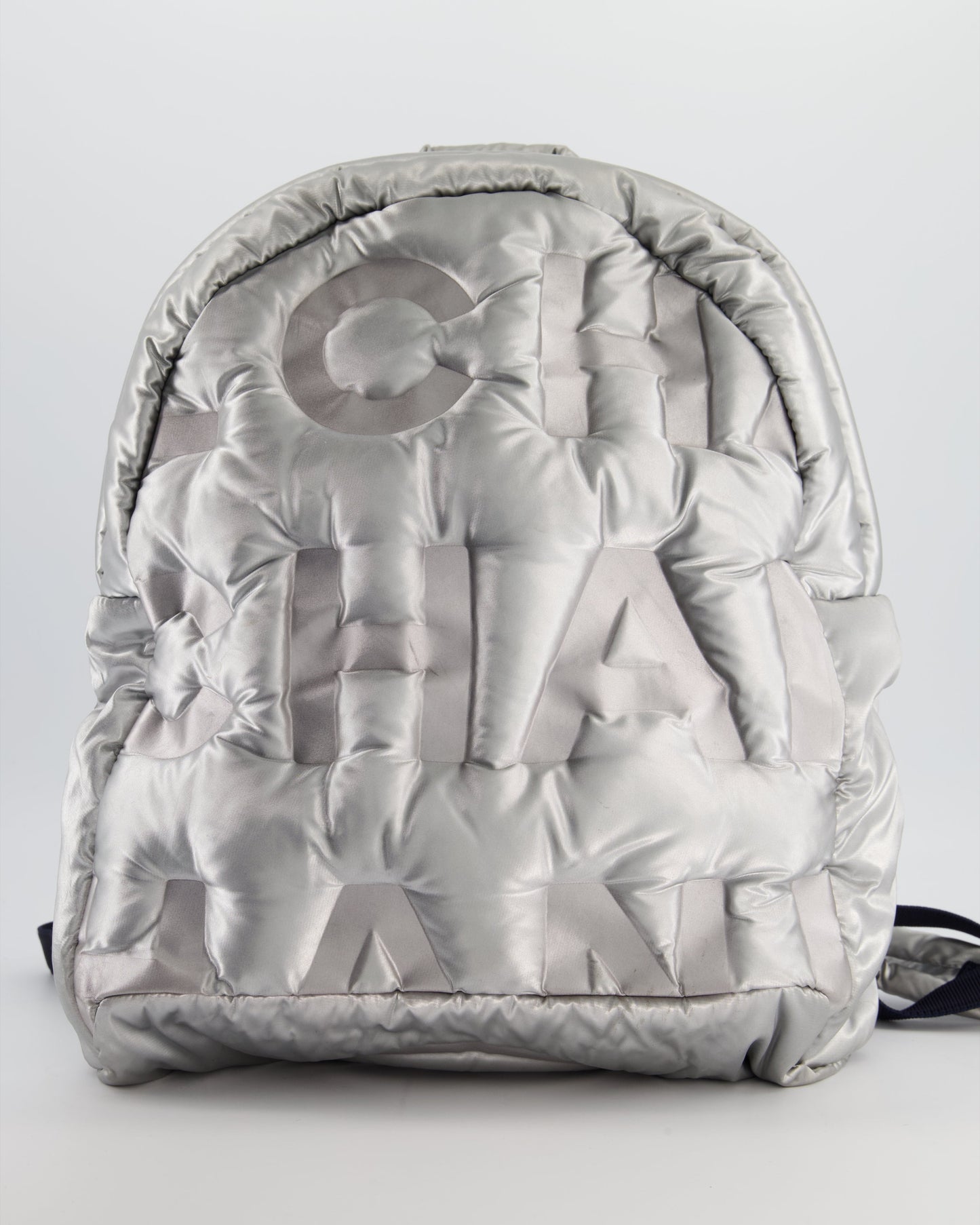 Chanel Silver Doudoune Backpack With Embossed Logo In Silver Nylon With Silver Hardware