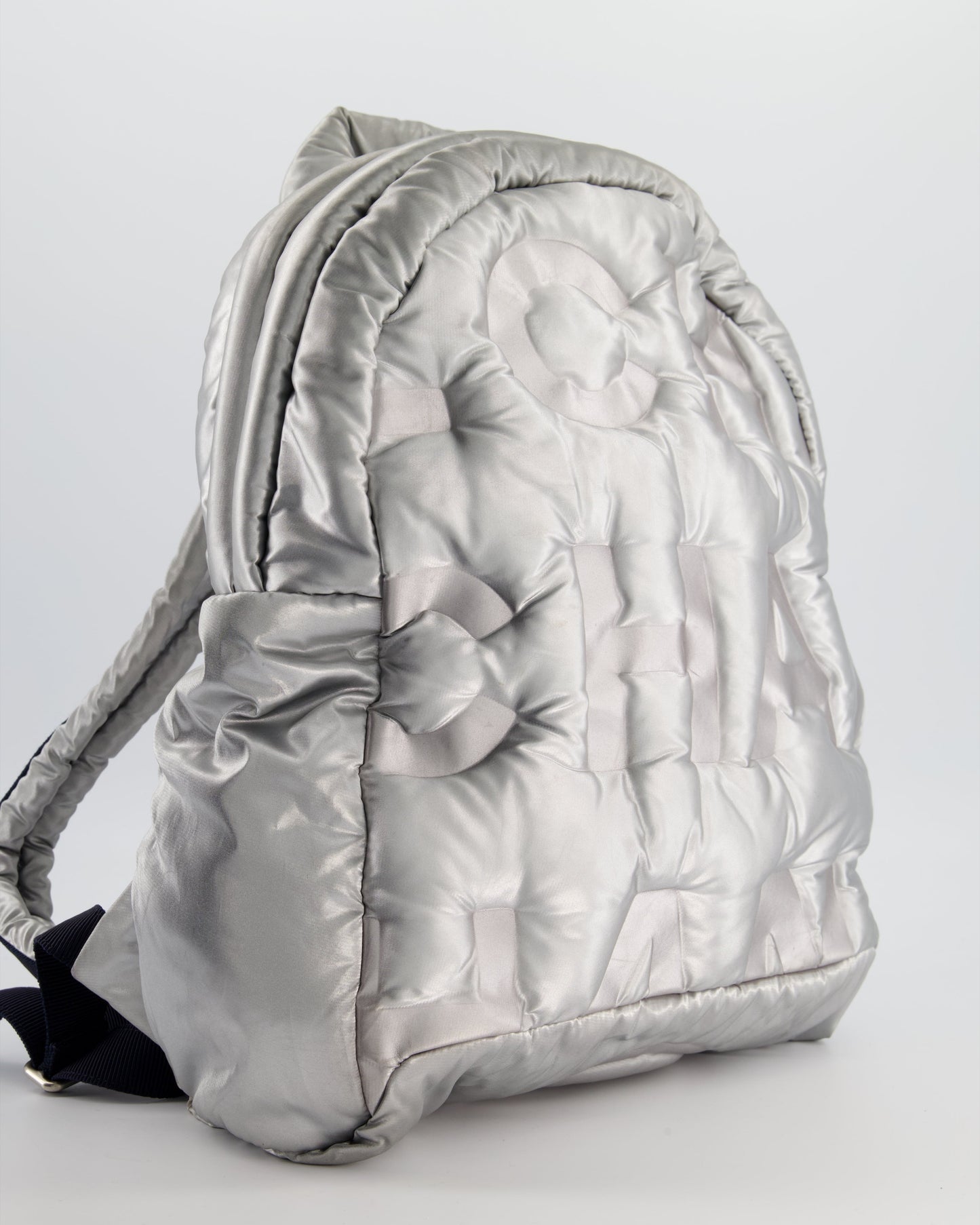 Chanel Silver Doudoune Backpack With Embossed Logo In Silver Nylon With Silver Hardware