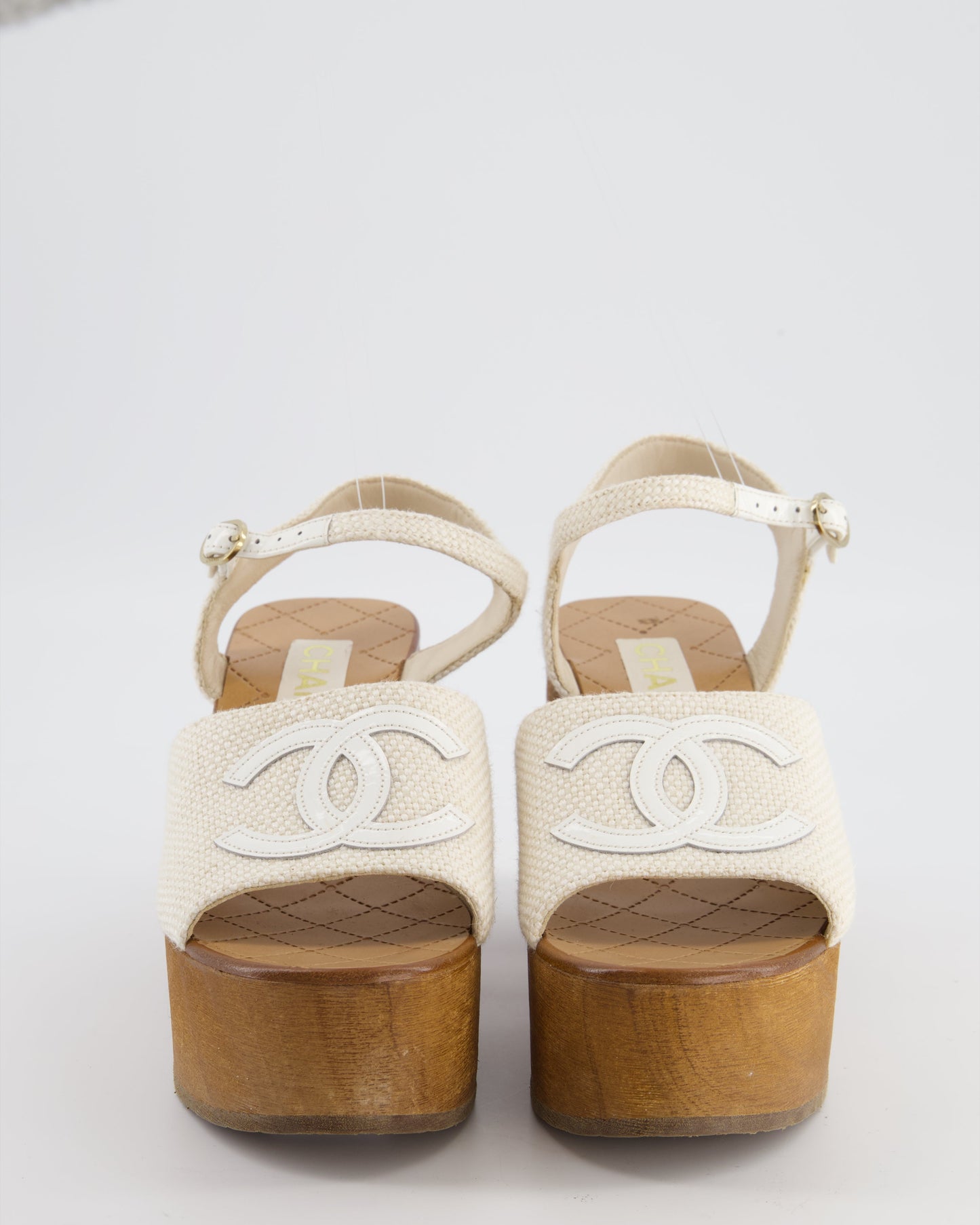 Chanel Cream And Brown Canvas Platform Cc Wedge Sandals With Patent Logo Detail Size Eu 38C