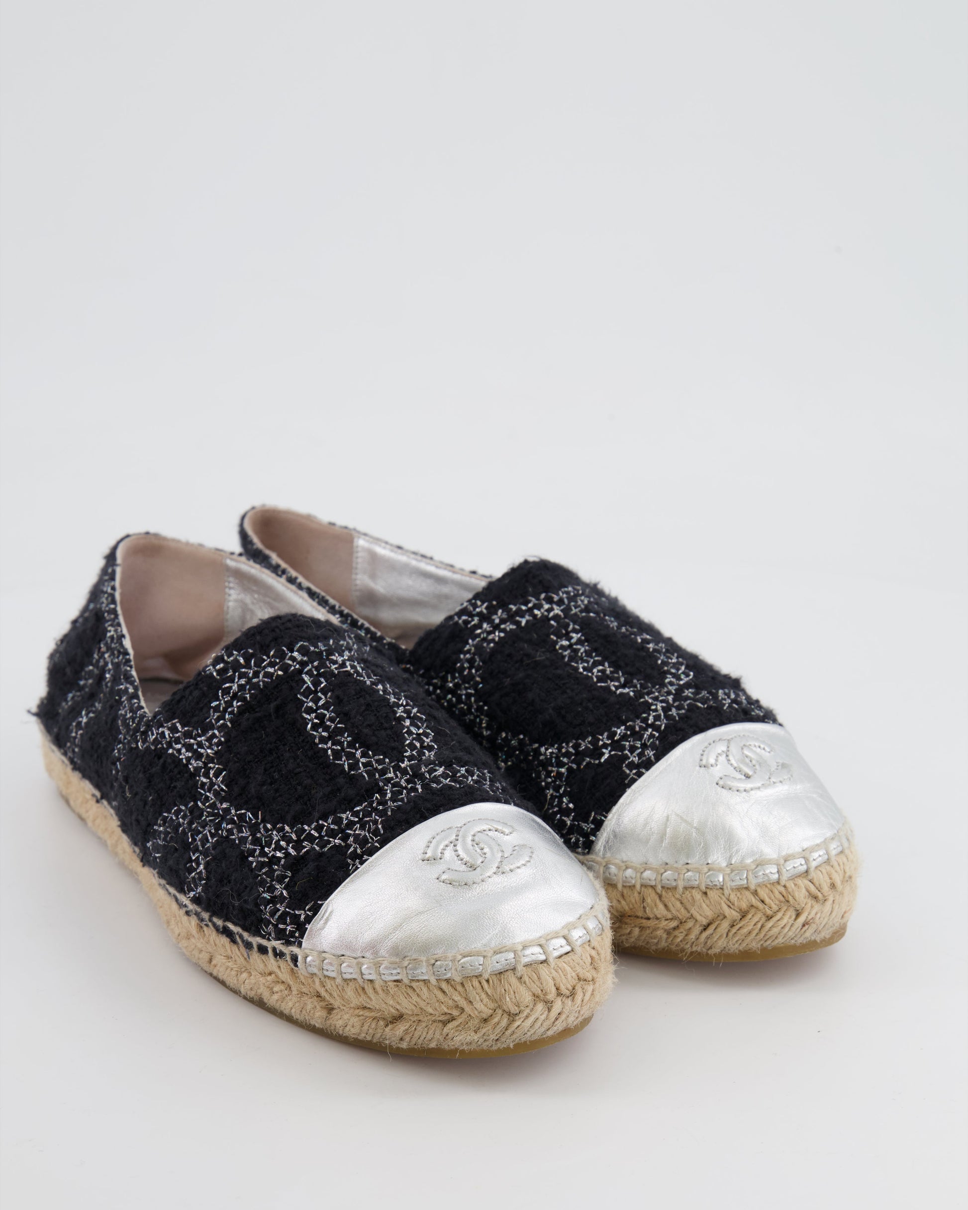 Chanel Black Cc Tweed Espadrilles With Silver Metallic Logo Size Eu 40 Women Shoes