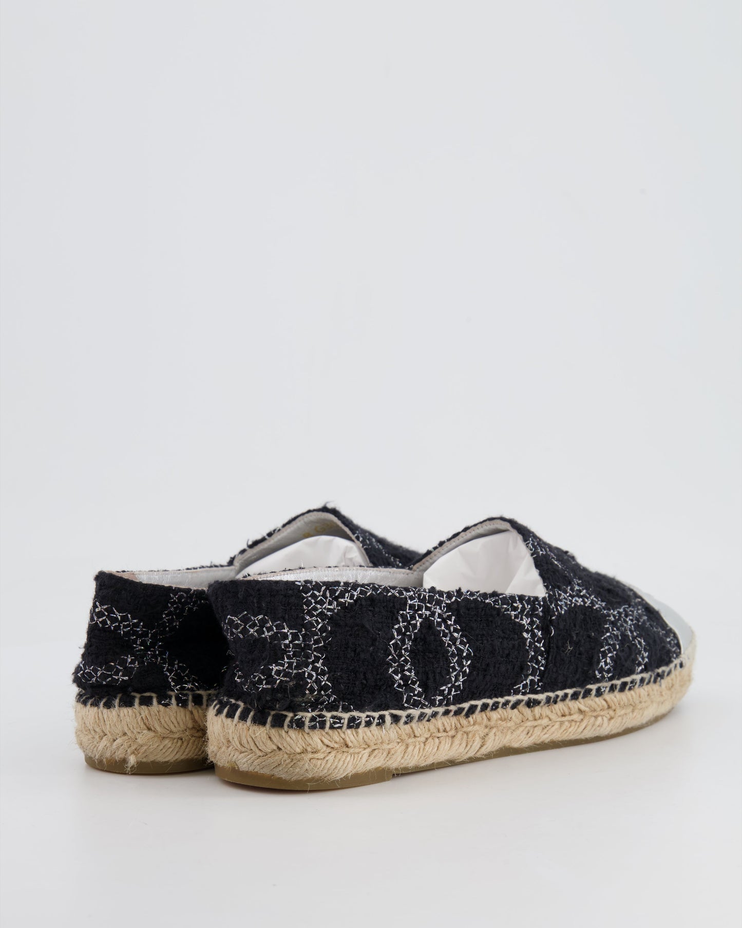 Chanel Black Cc Tweed Espadrilles With Silver Metallic Logo Size Eu 40 Women Shoes