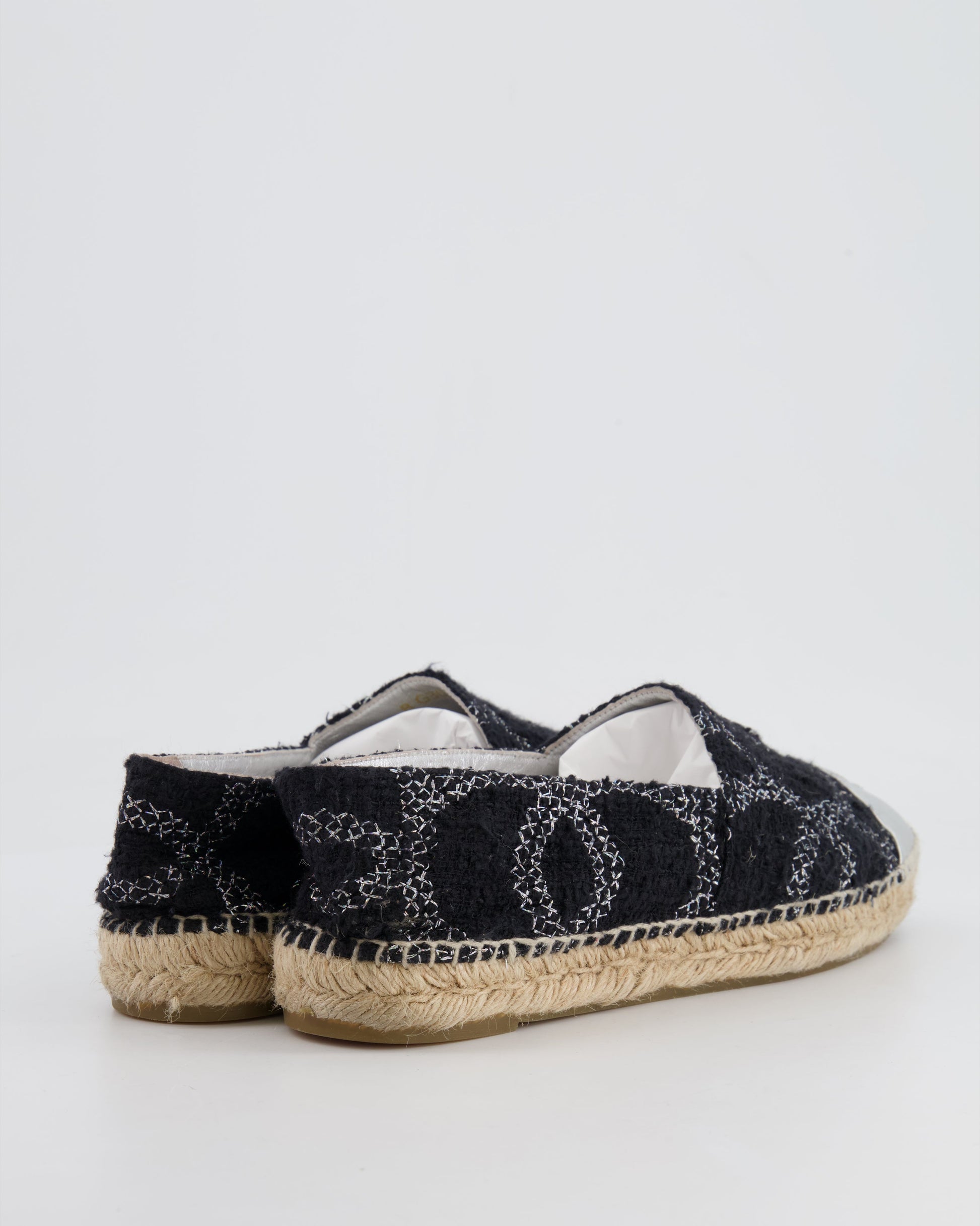Chanel Black Cc Tweed Espadrilles With Silver Metallic Logo Size Eu 40 Women Shoes