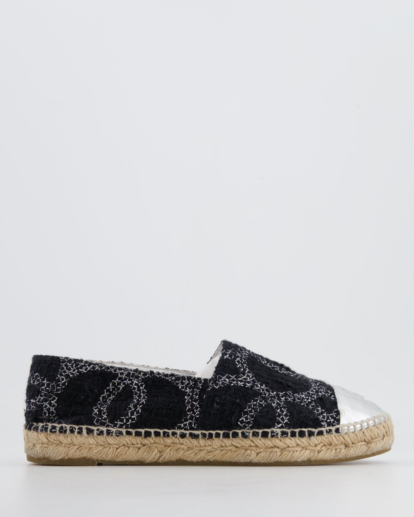 Chanel Black CC Tweed Espadrilles with Silver Metallic Logo Size Eu 40 Women Shoes