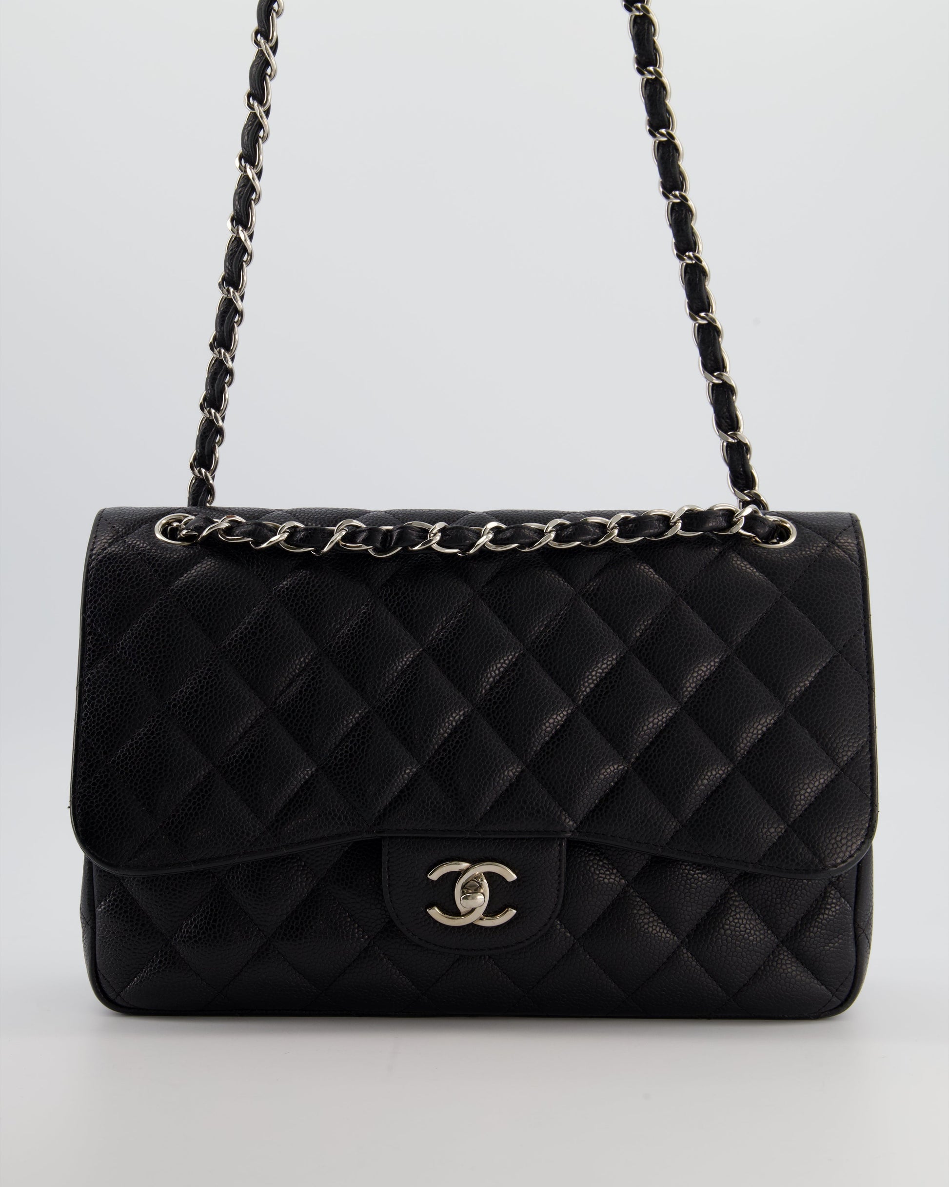 Chanel Black Jumbo Classic Double Flap Bag in Caviar Leather with Silver Hardware