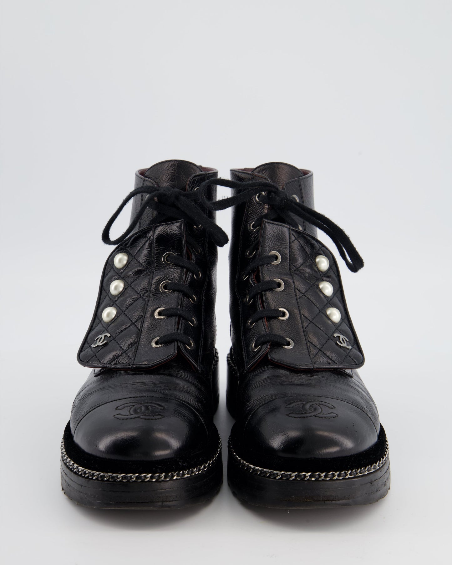 Chanel Black Aged Calfskin Boots with Velvet Trim,chain Detail Pearl Details and CC Logo Size Eu 40 for Women