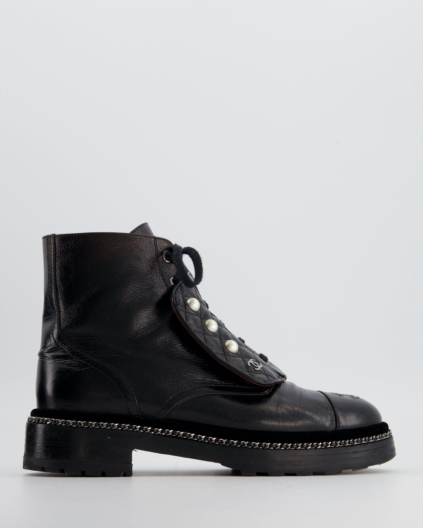 Chanel Black Aged Calfskin Boots With Velvet Trim, Chain Detail Pearl Details And Cc Logo Size Eu 40
