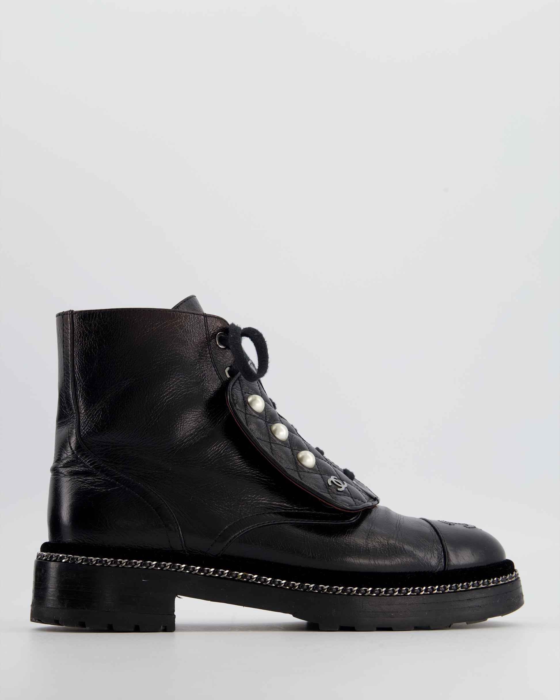 Chanel Black Aged Calfskin Boots With Velvet Trim, Chain Detail Pearl Details And Cc Logo Size Eu 40