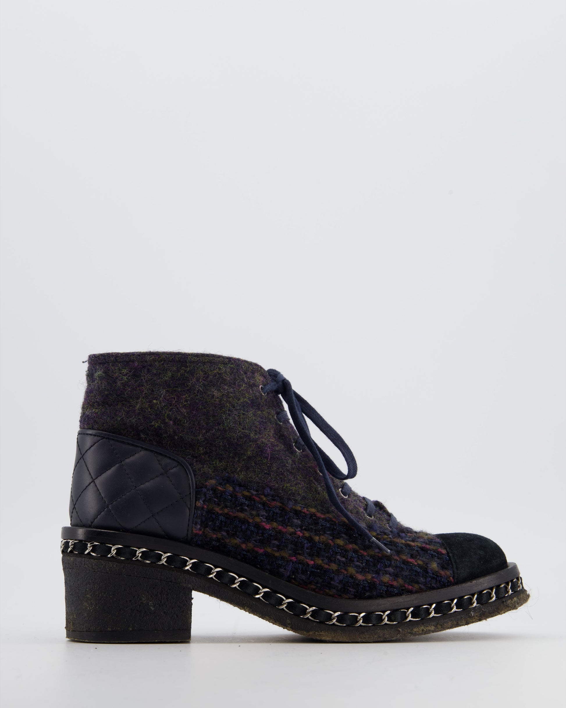 Chanel Black Calfskin Boots with Tweed,suede & Chain Detailing Size Eu 38 for Women