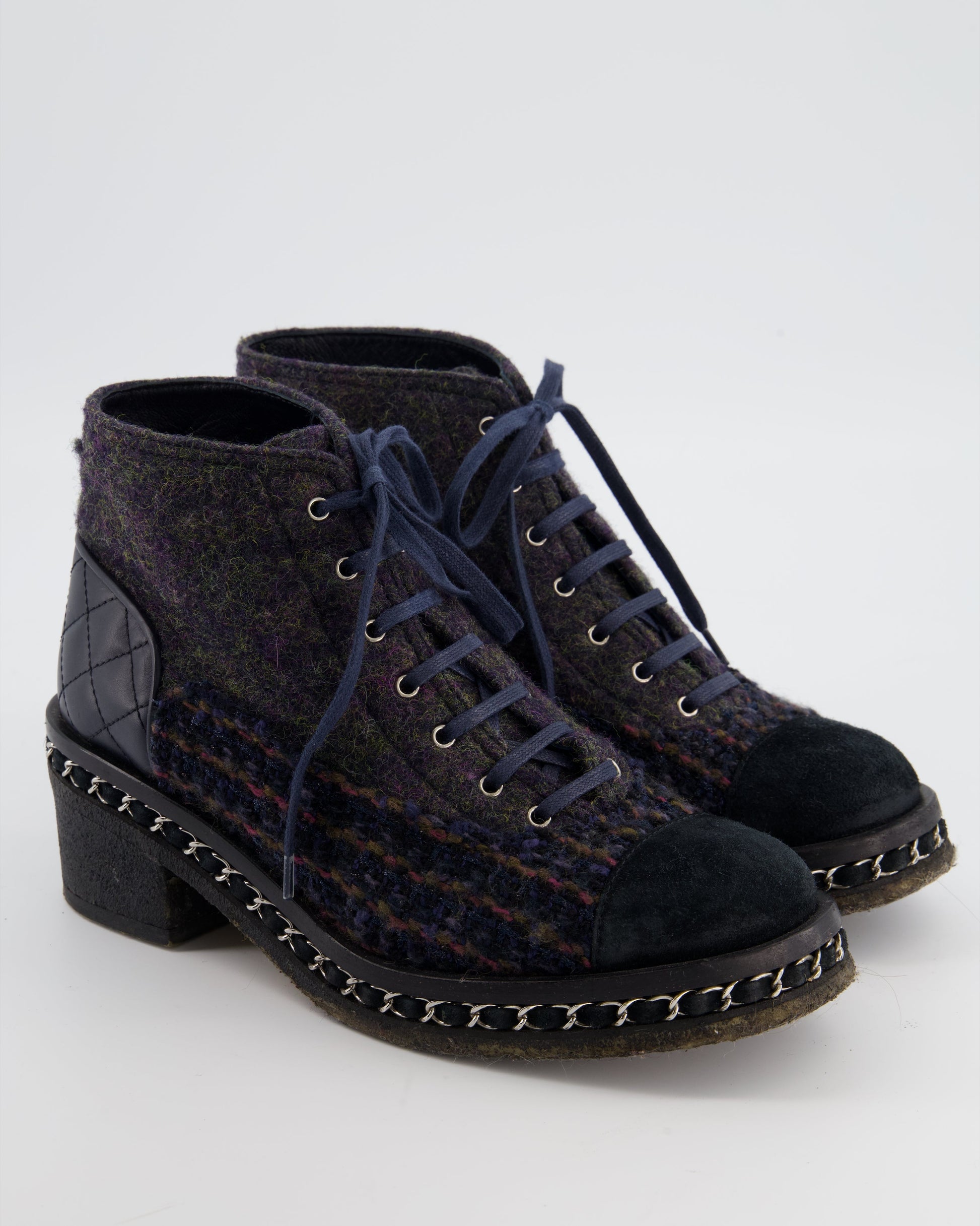 Chanel Black Calfskin Boots With Tweed, Suede & Chain Detailing Size Eu 38
