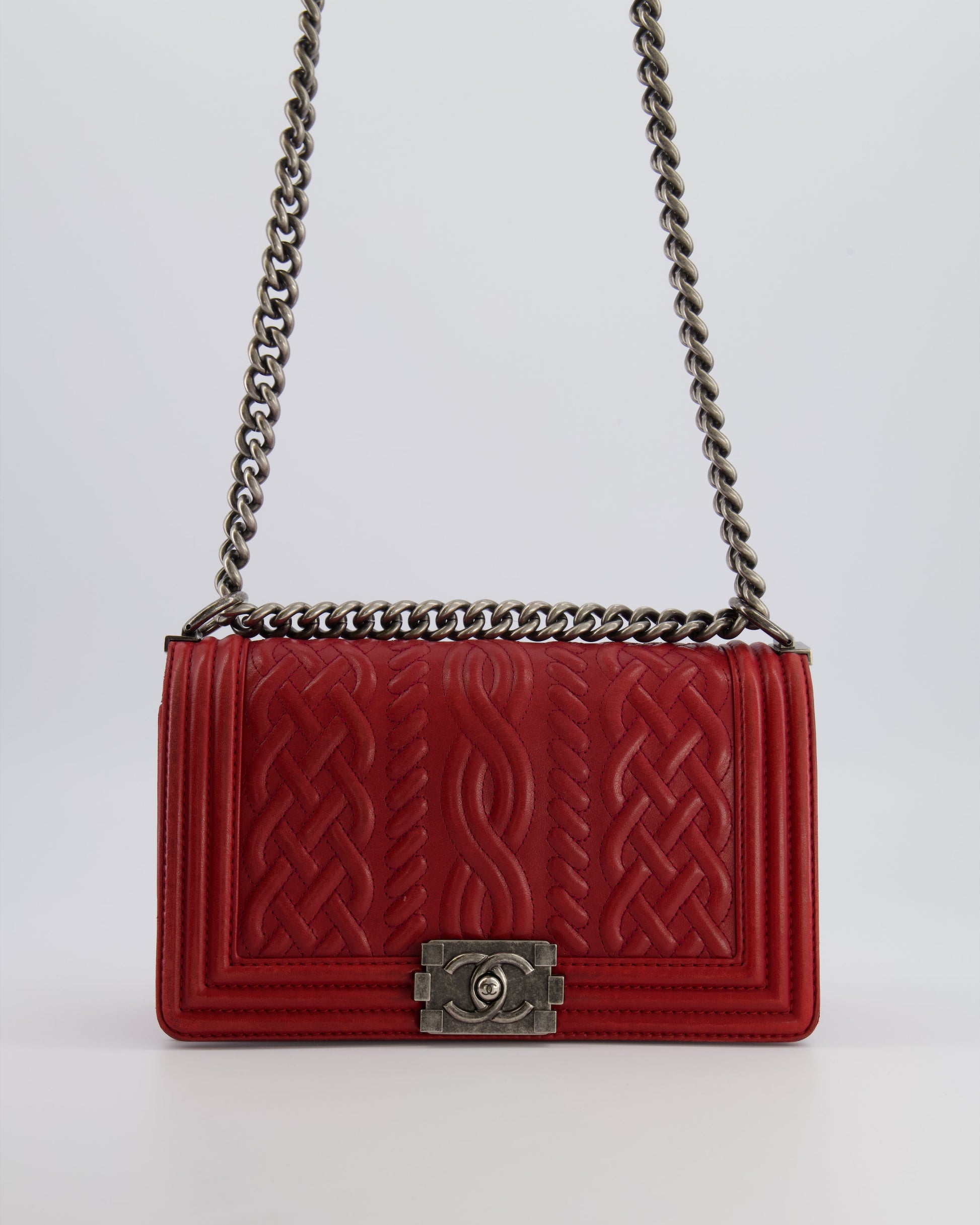 Chanel Limited Edition Red Medium Paris-Edinburgh Celtic Boy Bag With Embossed Leather And Ruthenium Hardware