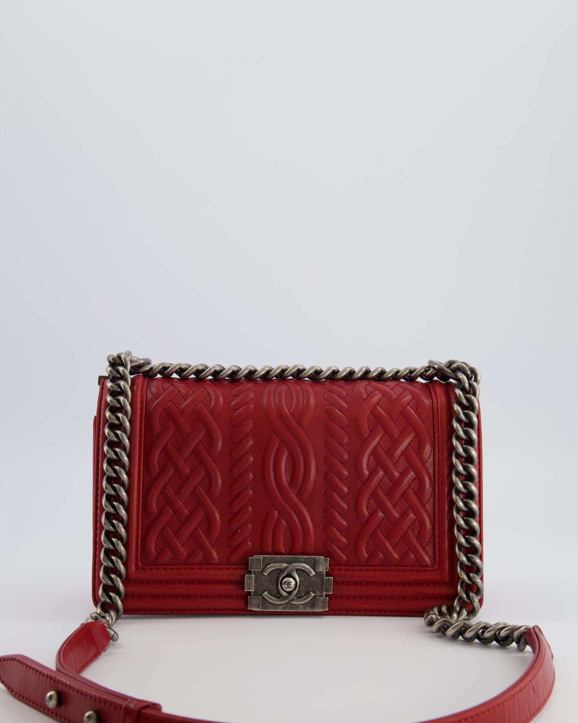 Chanel Limited Edition Red Medium Paris-Edinburgh Celtic Boy Bag With Embossed Leather And Ruthenium Hardware