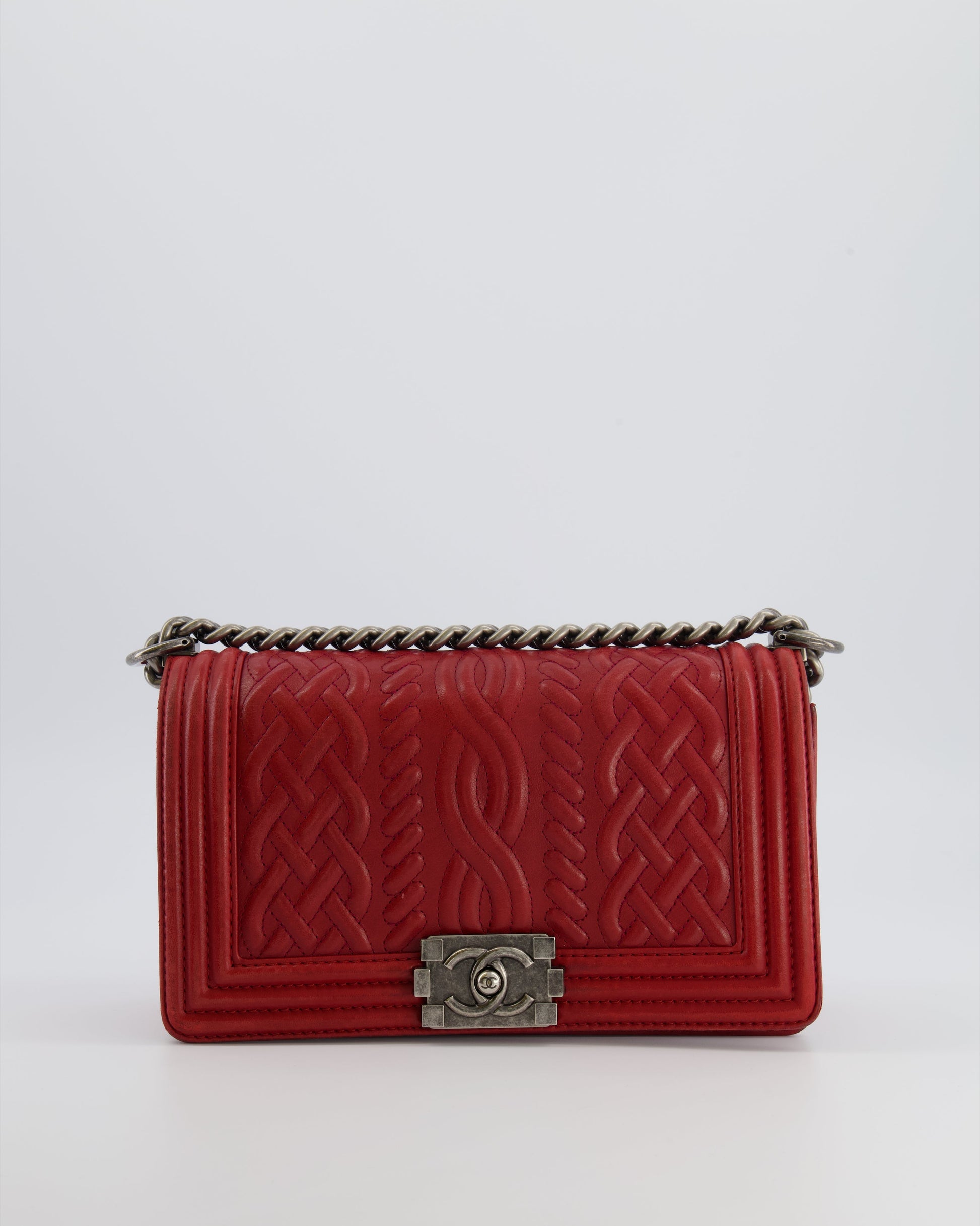 Chanel Limited Edition Red Medium Paris-Edinburgh Celtic Boy Bag With Embossed Leather And Ruthenium Hardware
