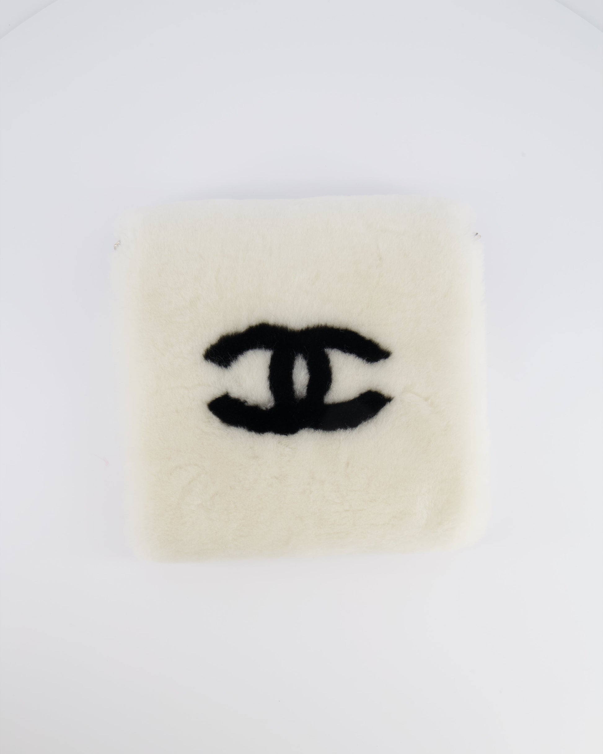 Chanel *Hot* Coco Neige 25/26 Ecru And Black Shearling Lambskin Muff Bag With Black Cc Logo And Champagne Gold Chain Detail