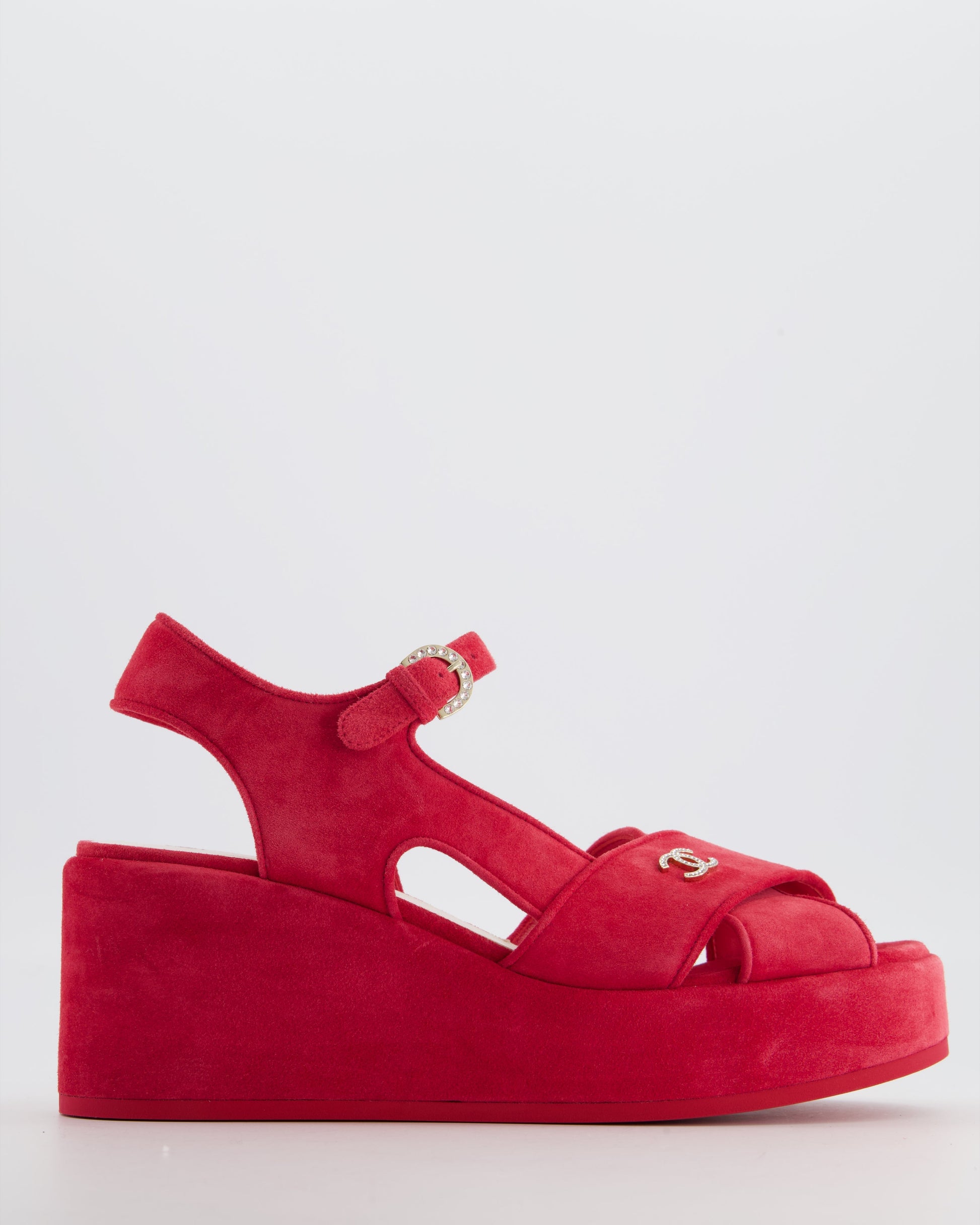 Chanel *hot* Strawberry Red Suede Platform Sandals with Crystal CC Logo Detail Size Eu 38.5C for Women