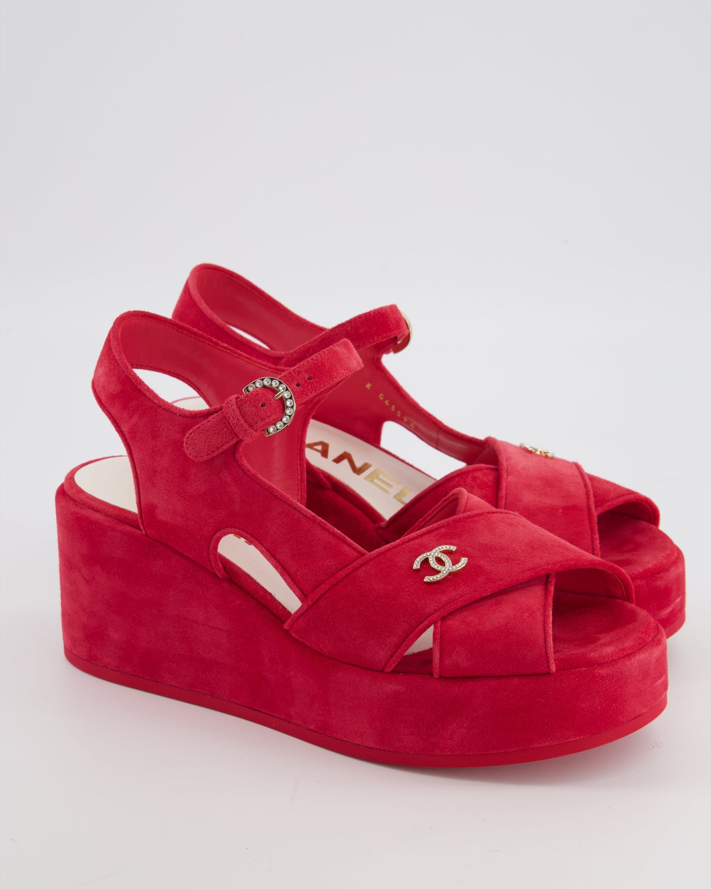 Chanel *hot* Strawberry Red Suede Platform Sandals with Crystal CC Logo Detail Size Eu 38.5C for Women