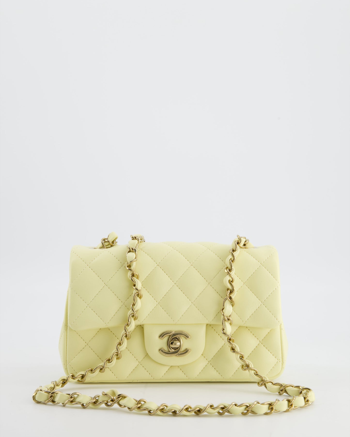 Chanel Classic Mini Rectangular Flap Bag In Pale Yellow Lambskin Leather With Silver Hardware